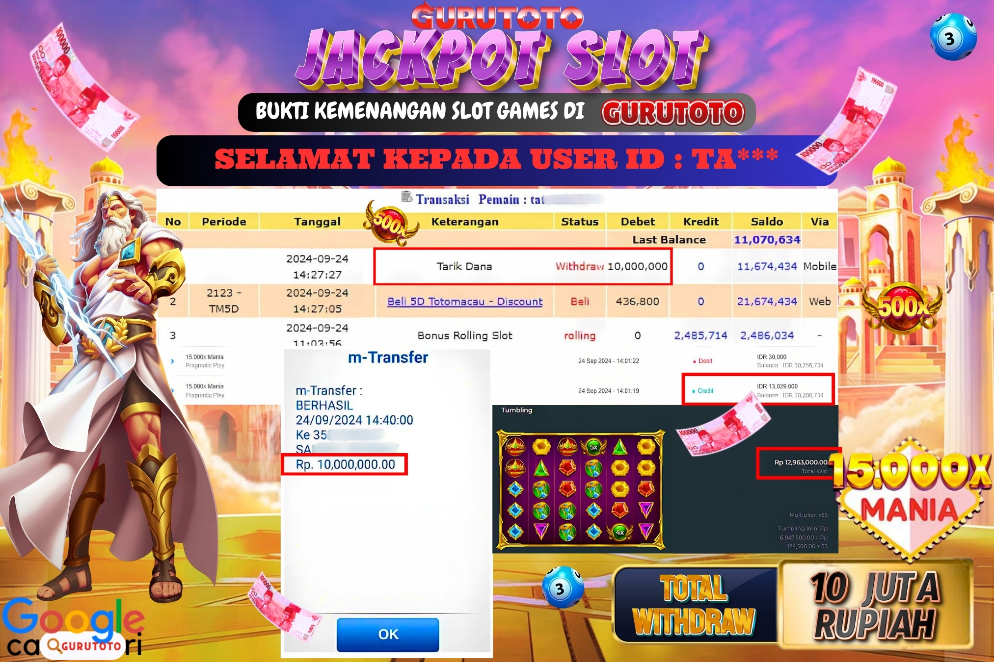 Jackpot Slot 15.000X Mania di Gurutoto sebesar Rp.10.000.000 dibayar lunas.