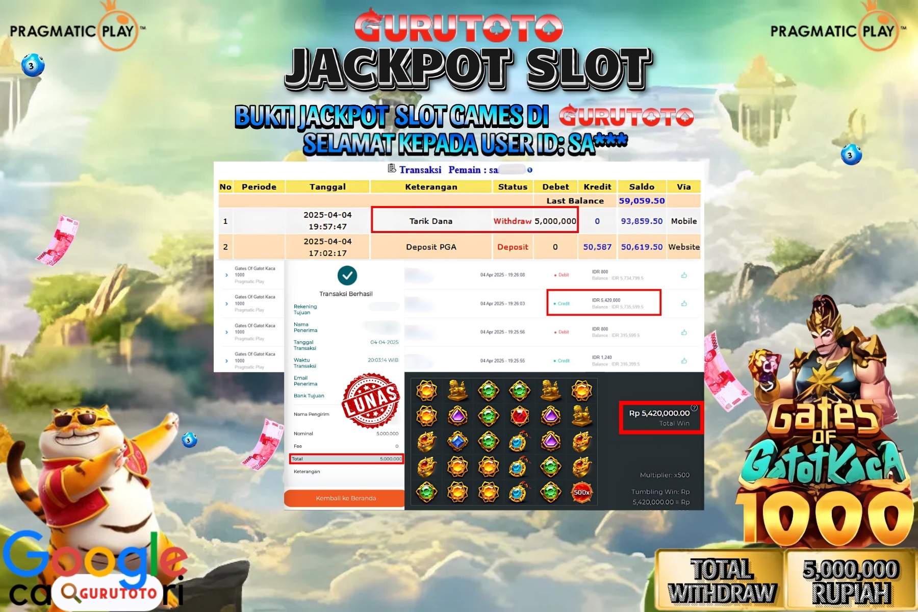 GURUTOTO JACKPOT, SLOT GATES OF GATOTKACA 1000, Sebesar Rp 5.000.000,- LUNAS
