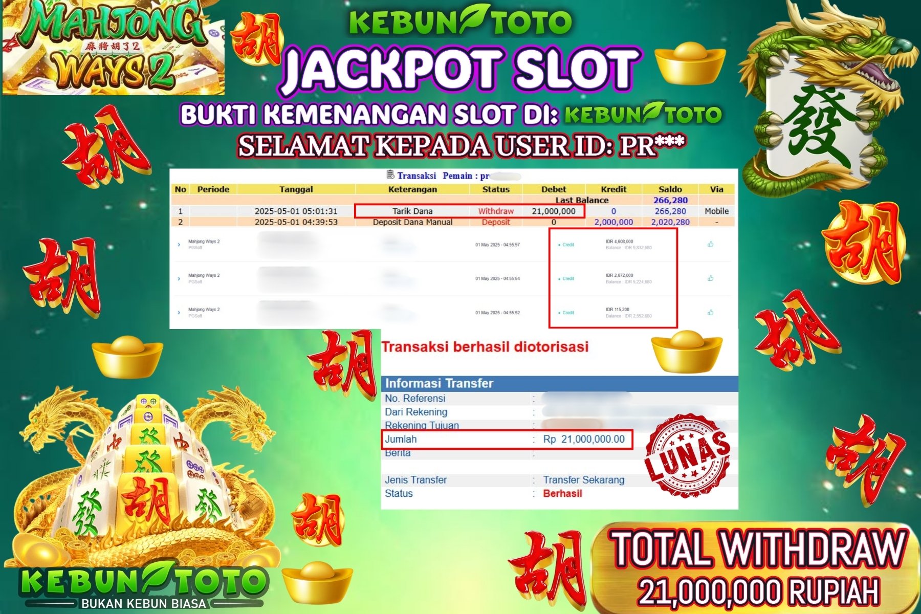 KEBUNTOTO JACKPOT SLOT MAHJONG WAYS 2 Rp 21.000.000 ,- LUNAS