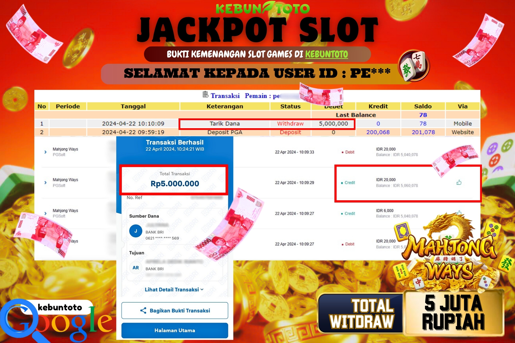 KEBUNTOTO JACKPOT SLOT MAHJONG WAYS Rp.5.000.000,- LUNAS