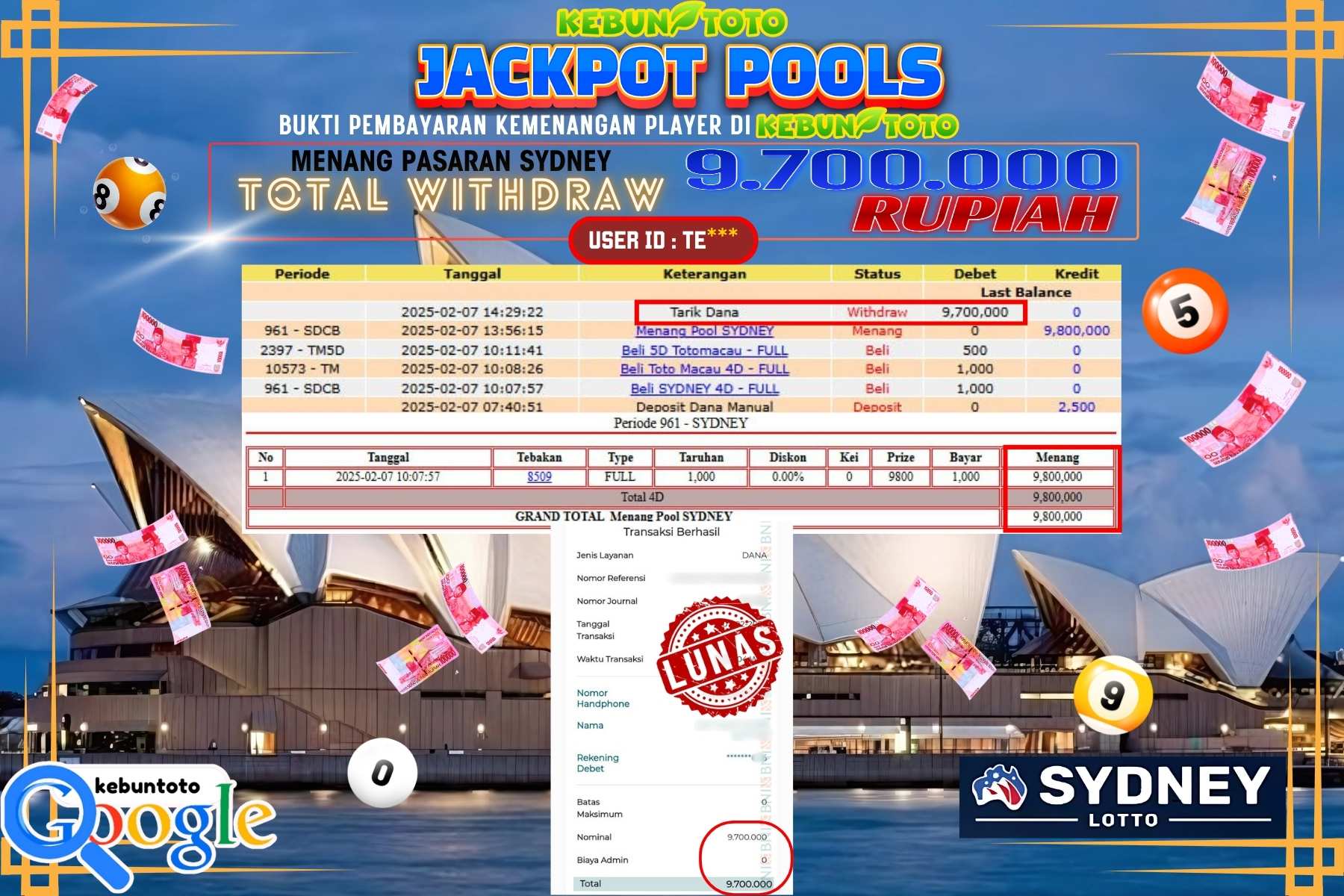 KEBUNTOTO JACKPOT TOTO SYDNEY POOLS , Sebesar Rp 9.700.000,- LUNAS