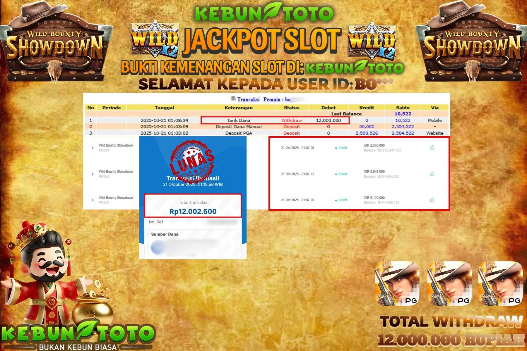 Bukti Kemenangan Rp 12.000.000 SLOT WILD BOUNTY SHOWDOWN di KEBUNTOTO!