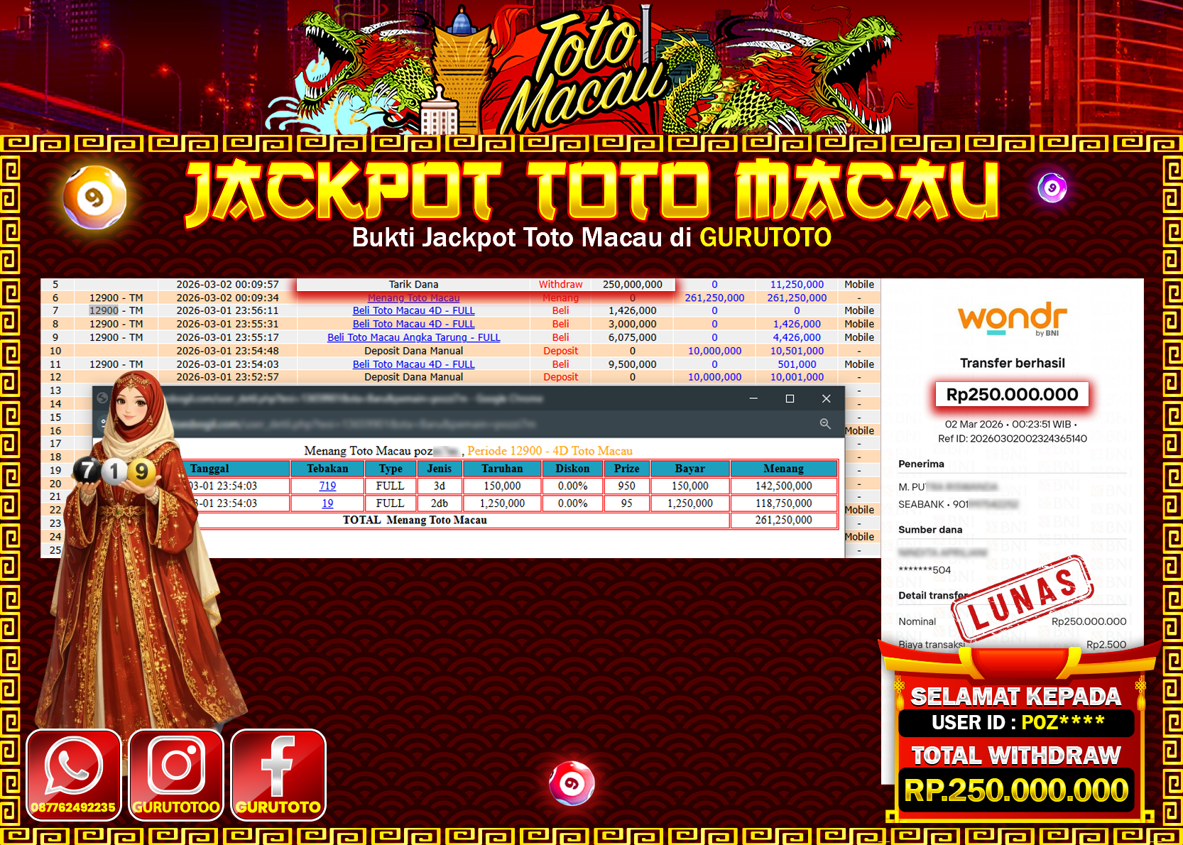 Bukti Kemenangan Rp 250.000.000 TOTO MACAU di GURUTOTO !
