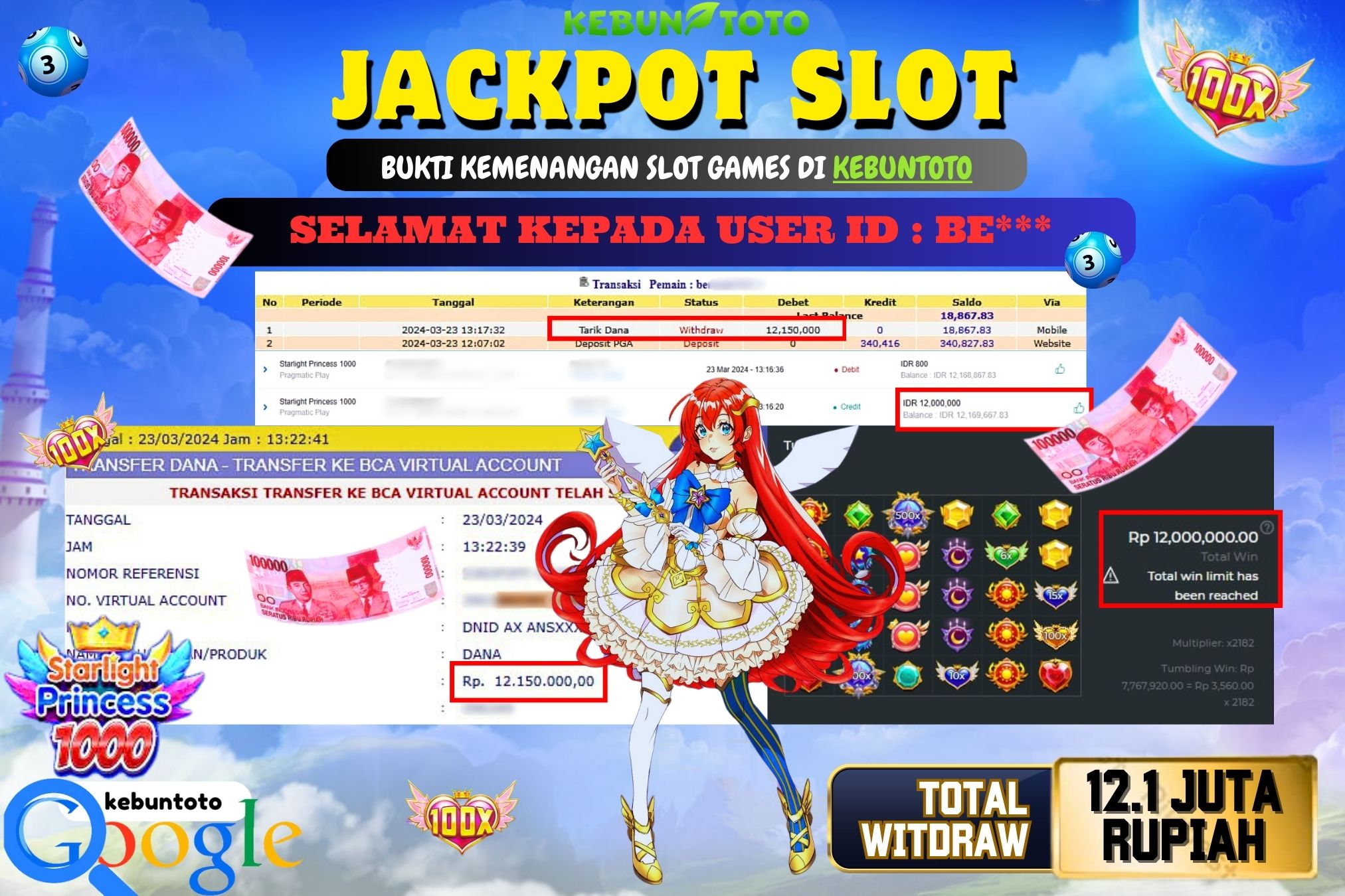 KEBUNTOTO JACKPOT SLOT STARLIGHT PRINCESS 1000 Rp.12.150.000,- LUNAS