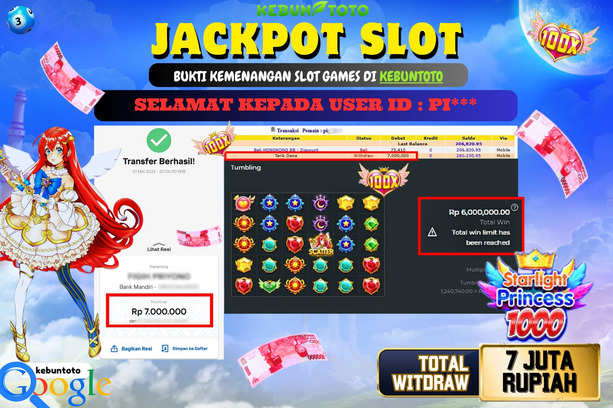 KEBUNTOTO JACKPOT SLOT STARLIGHT PRINCESS 1000 Rp.7.000.000,- LUNAS