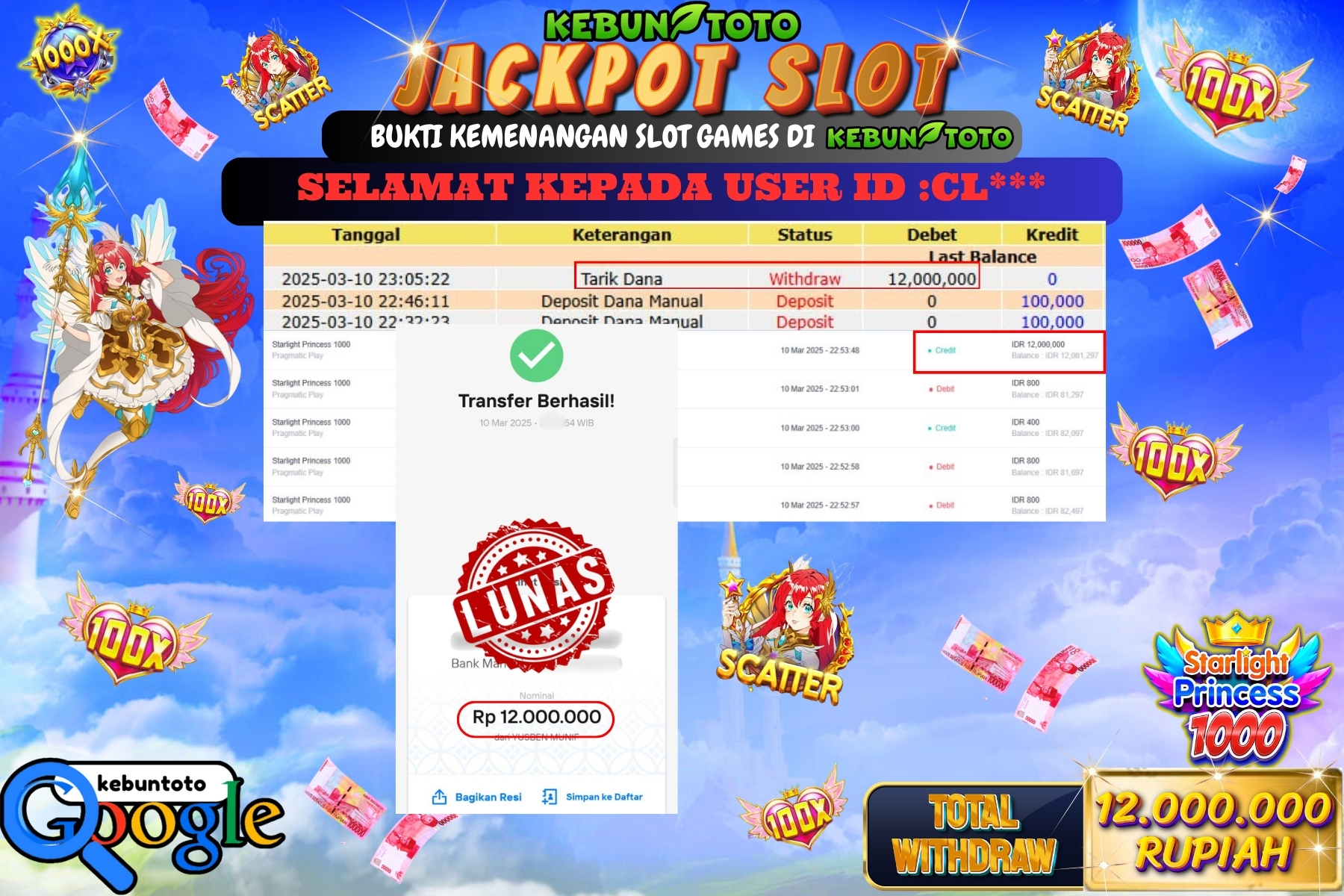 KEBUNTOTO JACKPOT, SLOT STARLIGHT PRINCESS 1000 Sebesar Rp 12.000.000,- LUNAS