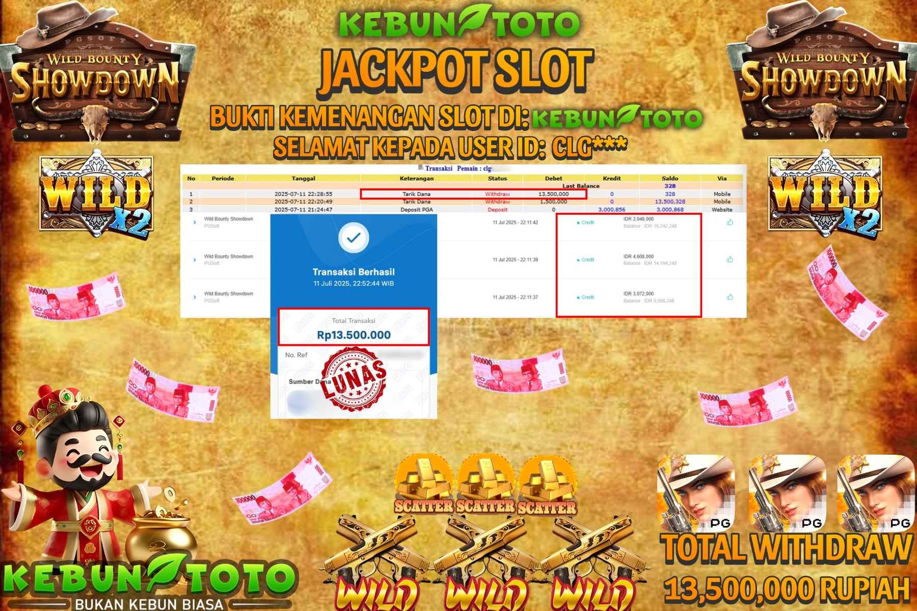 Bukti Kemenangan Rp 13.500.000 SLOT WILD BOUNTY SHOWDOWN di KEBUNTOTO!
