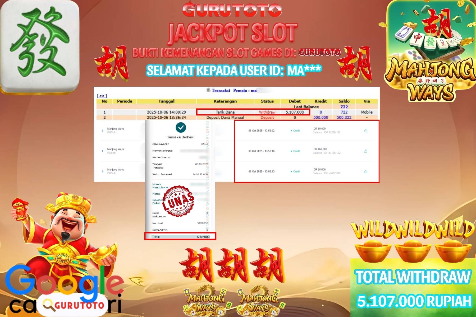 Bukti Kemenangan Rp 5.107.000 SLOT MAHJONG WAYS di GURUTOTO!