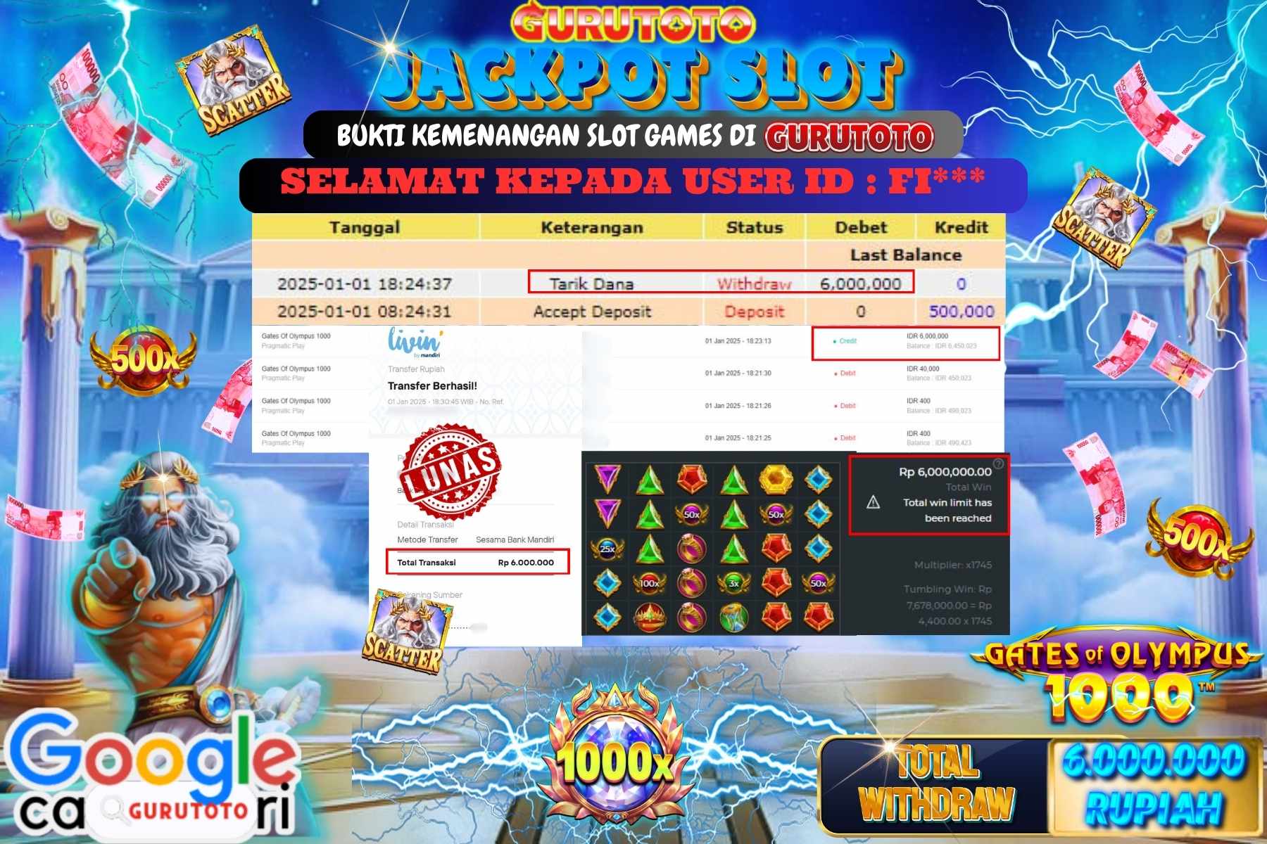 GURUTOTO, JACKPOT SLOT GATES OF OLYMPUS 1000 sebesar Rp.6.000.000,- dibayar lunas.