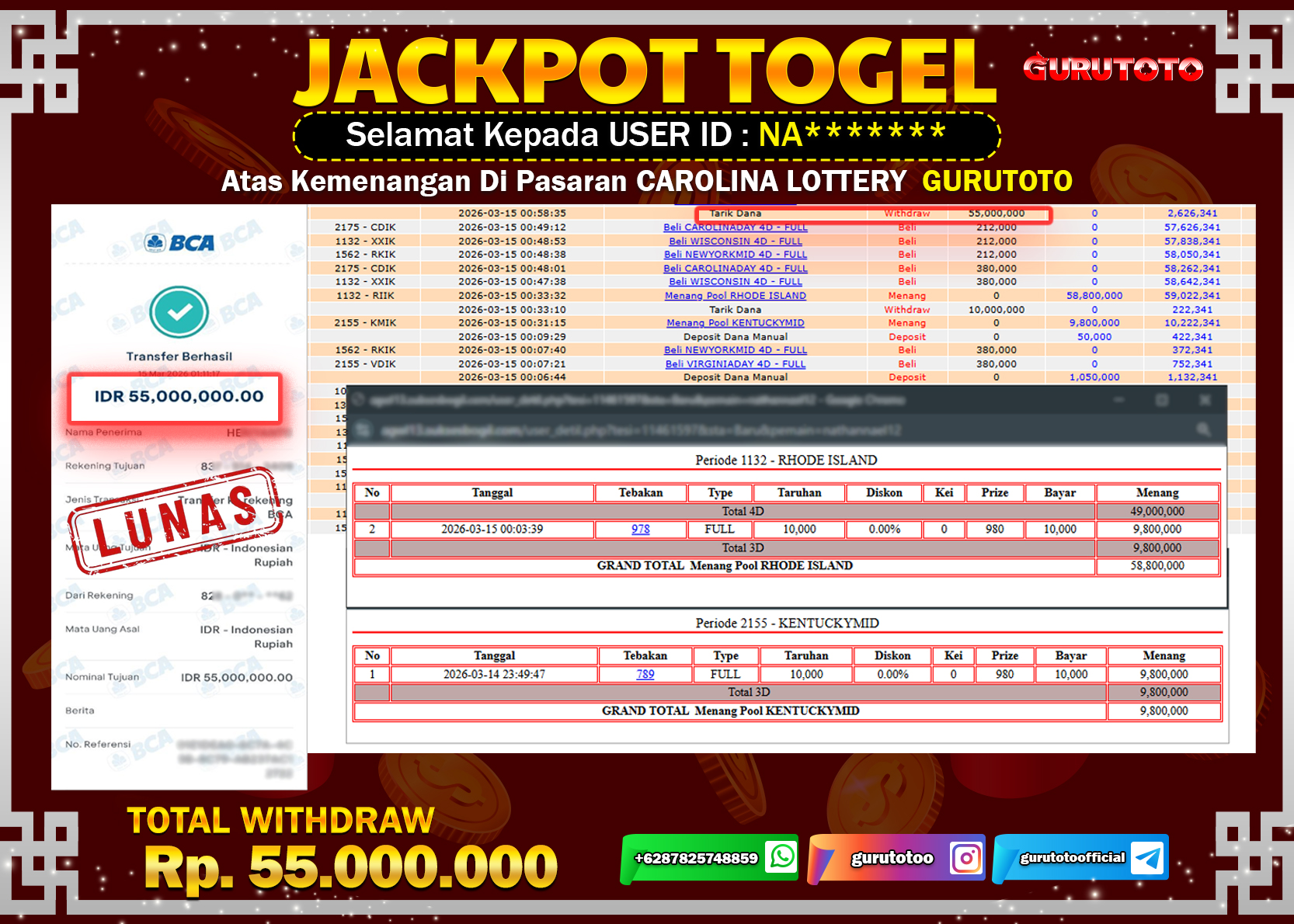 Bukti Kemenangan Rp 55.000.000 CAROLINA LOTTERY di GURUTOTO di GURUTOTO !