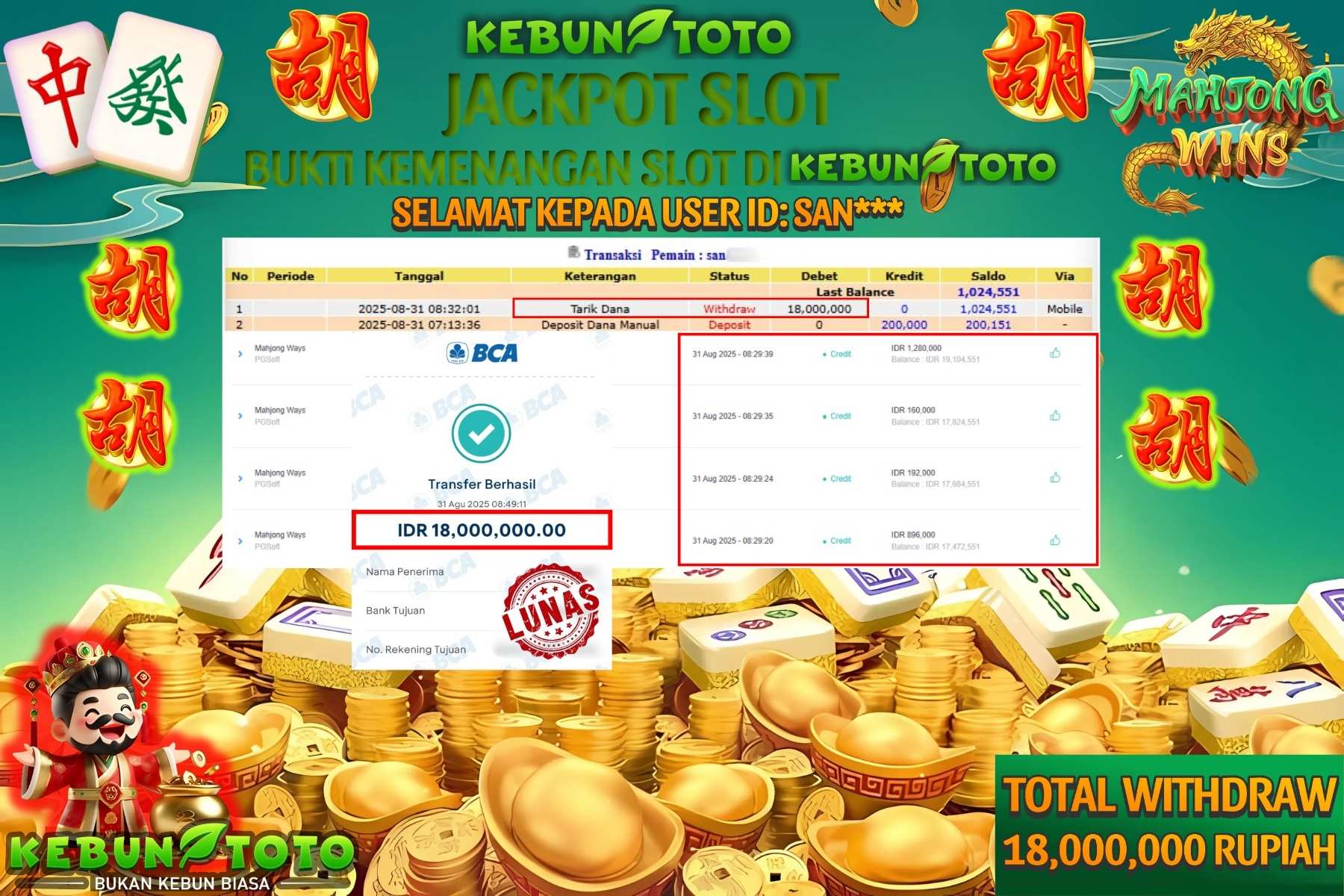 Bukti Kemenangan Rp 18.000.000 SLOT MAHJONG WAYS di KEBUNTOTO!