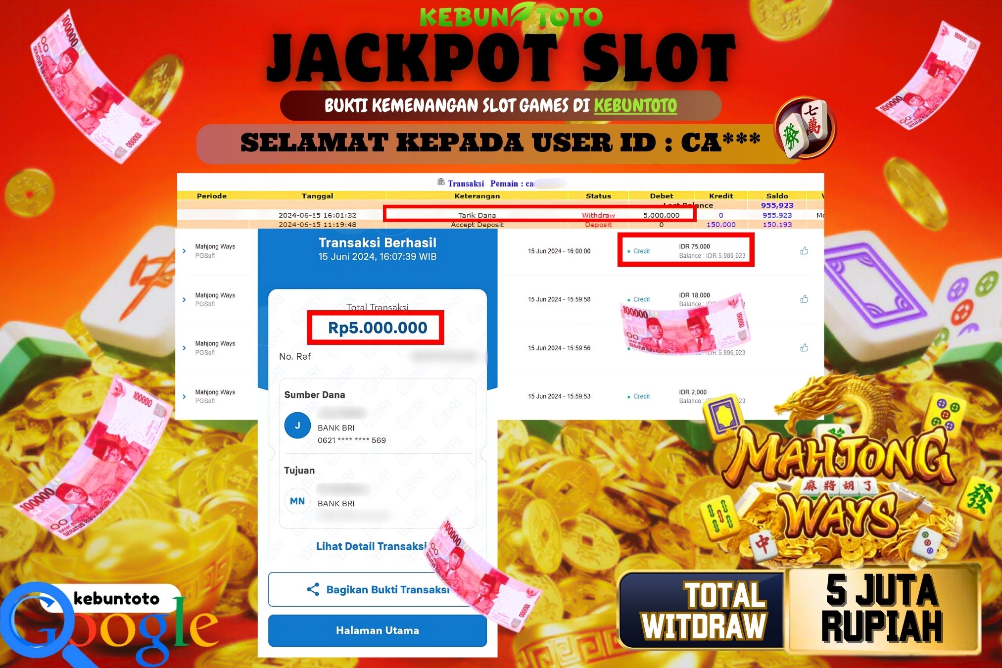 KEBUNTOTO JACKPOT SLOT MAHJONG WAYS Rp.5.000.000,- LUNAS