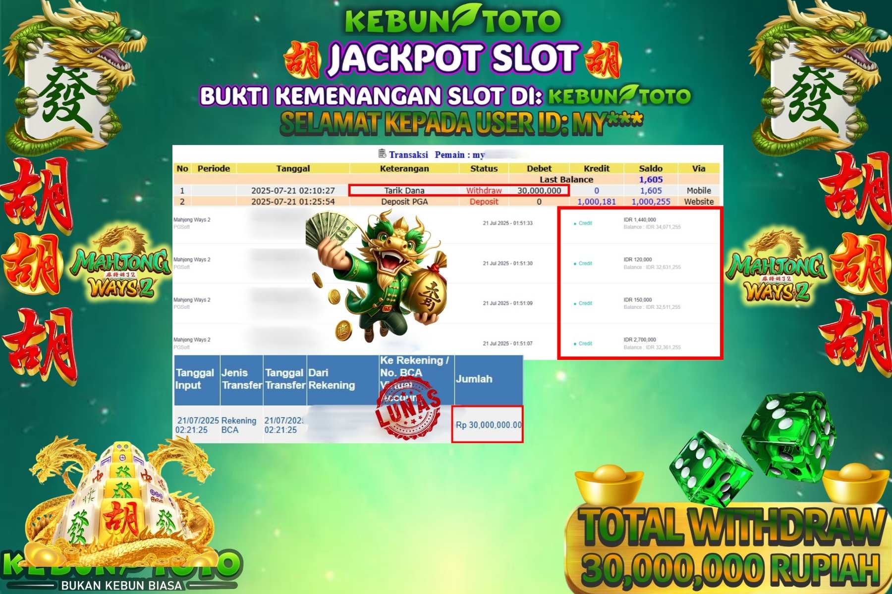 Bukti Kemenangan Rp 30.000.000 SLOT MAHJONG WAYS 2 di KEBUNTOTO!