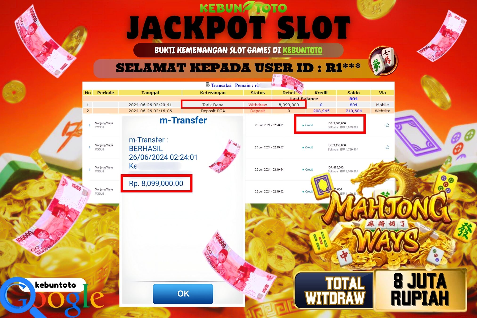 KEBUNTOTO JACKPOT SLOT MAHJONG WAYS Rp.8.099.000,- LUNAS