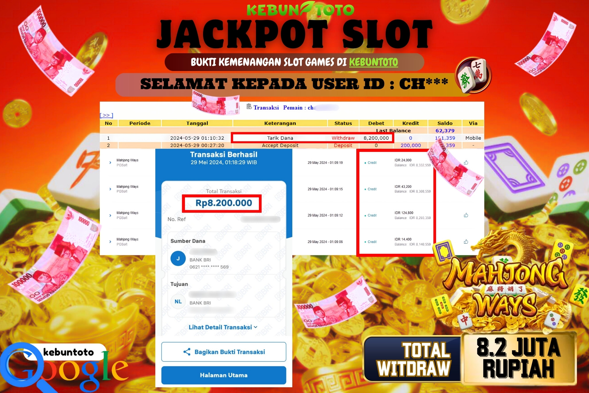 KEBUNTOTO JACKPOT SLOT MAHJONG WAYS Rp.8.200.000,- LUNAS