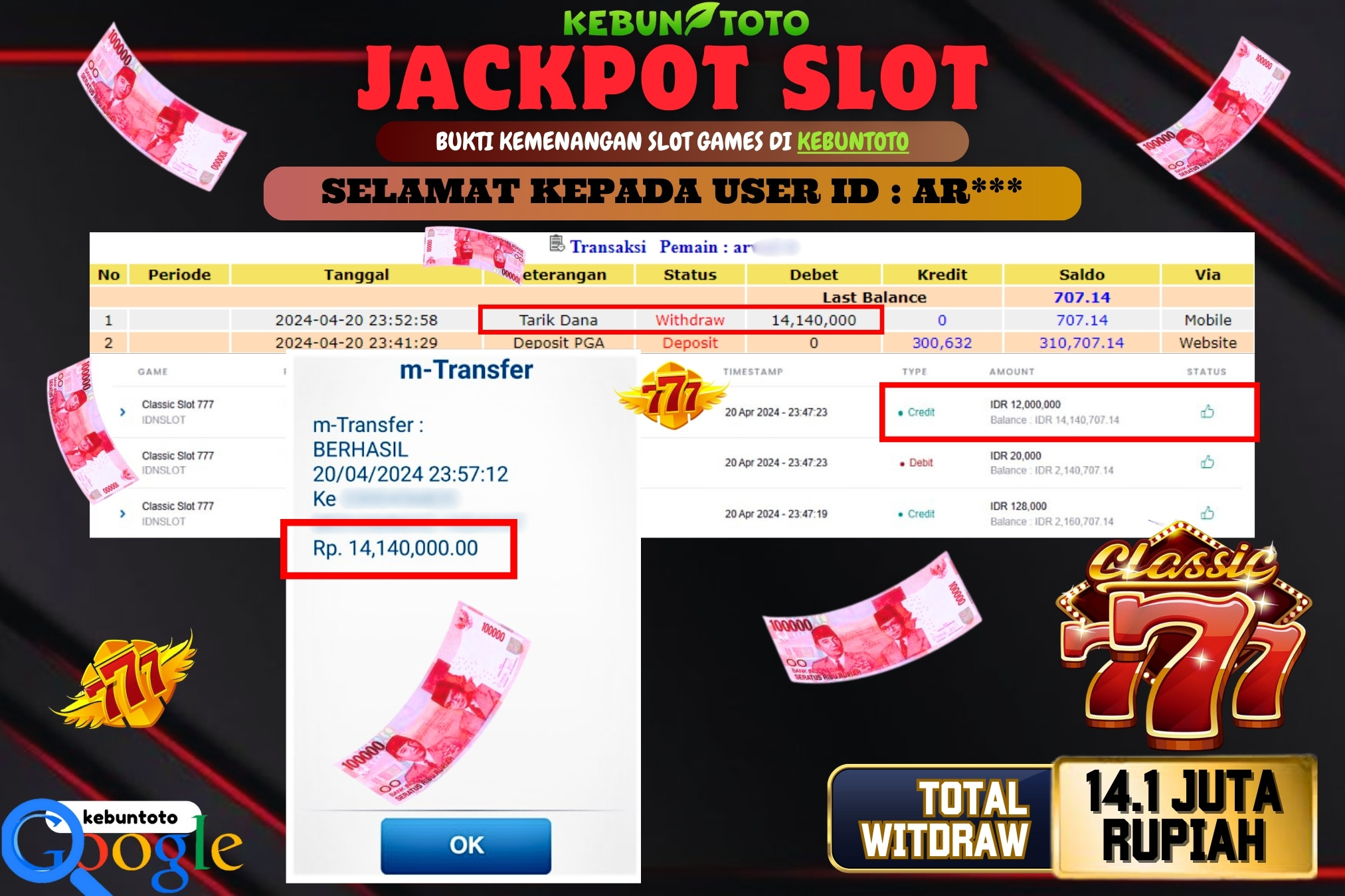 KEBUNTOTO JACKPOT SLOT CLASSIC SLOT 777 Rp.14.140.000,- LUNAS