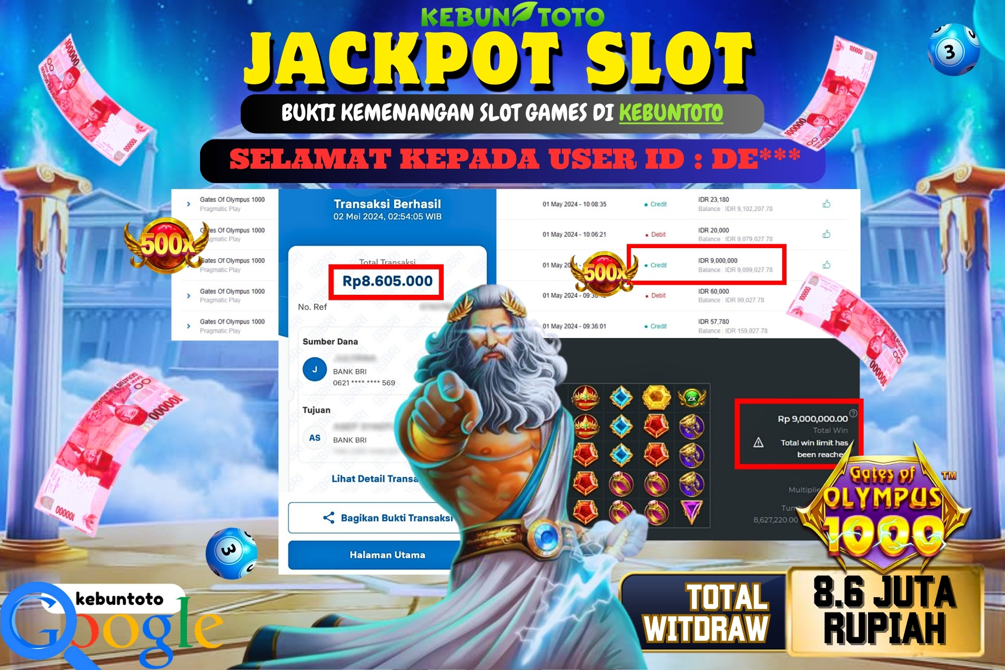 KEBUNTOTO JACKPOT SLOT GATES OF OLYMPUS 1000 Rp.8.605.000,- LUNAS