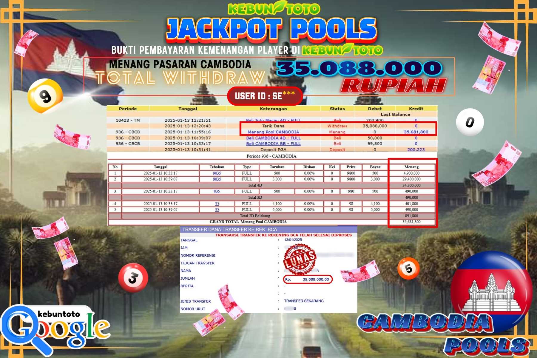 KEBUNTOTO JACKPOT TOTO CAMBODIA POOLS , Sebesar Rp.35.088.000,- LUNAS