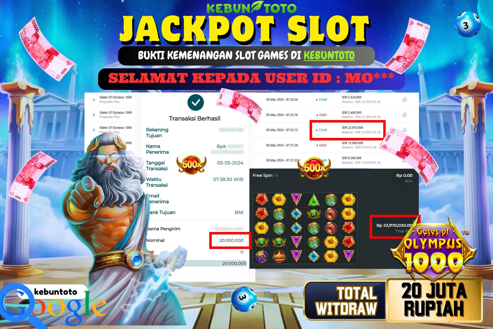 KEBUNTOTO JACKPOT SLOT GATES OF OLYMPUS 1000 Rp.20.000.000,- LUNAS