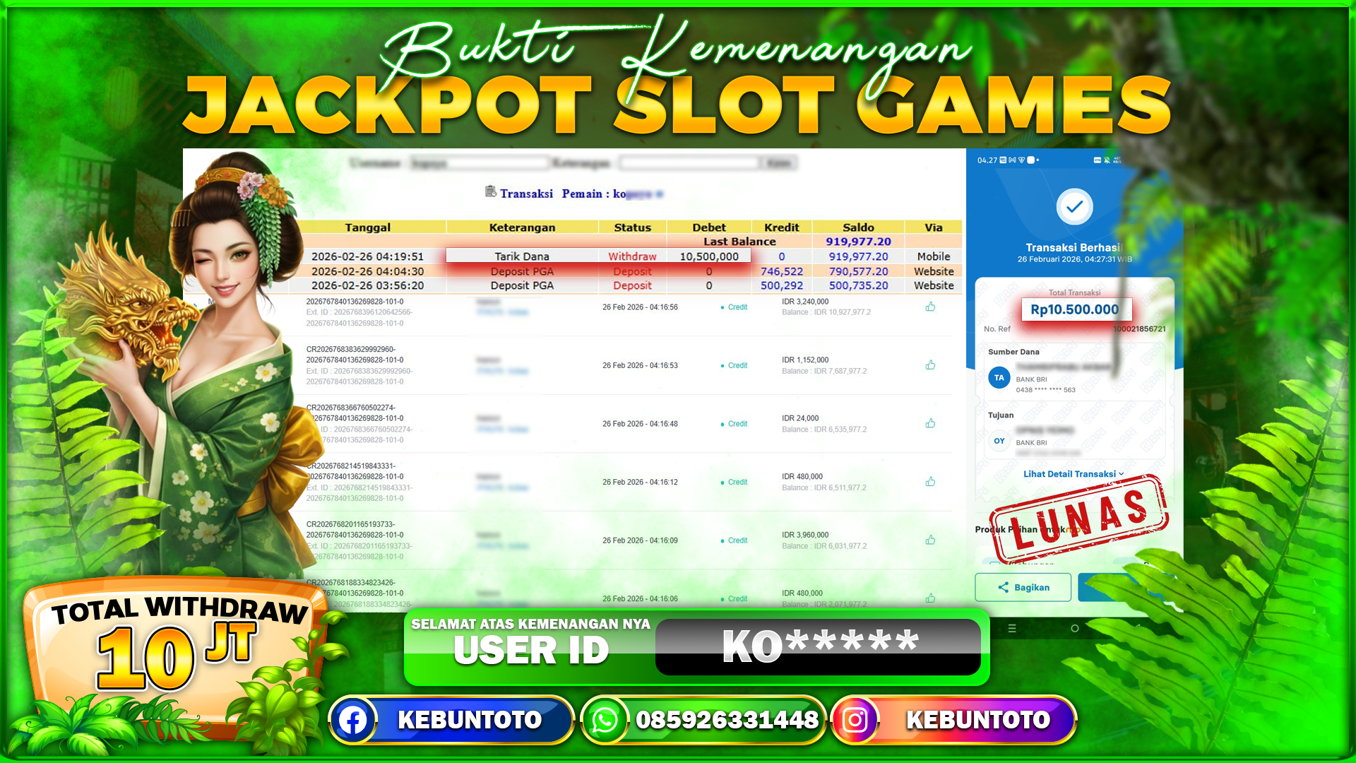 Bukti Kemenangan Rp. 10.500.000 MAHJONG WAYS2 DI KEBUNTOTO !