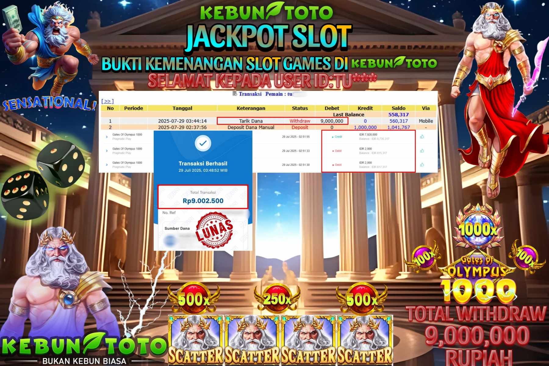 Bukti Kemenangan Rp 9.000.000 SLOT GATES OF OLYMPUS 1000 di KEBUNTOTO!
