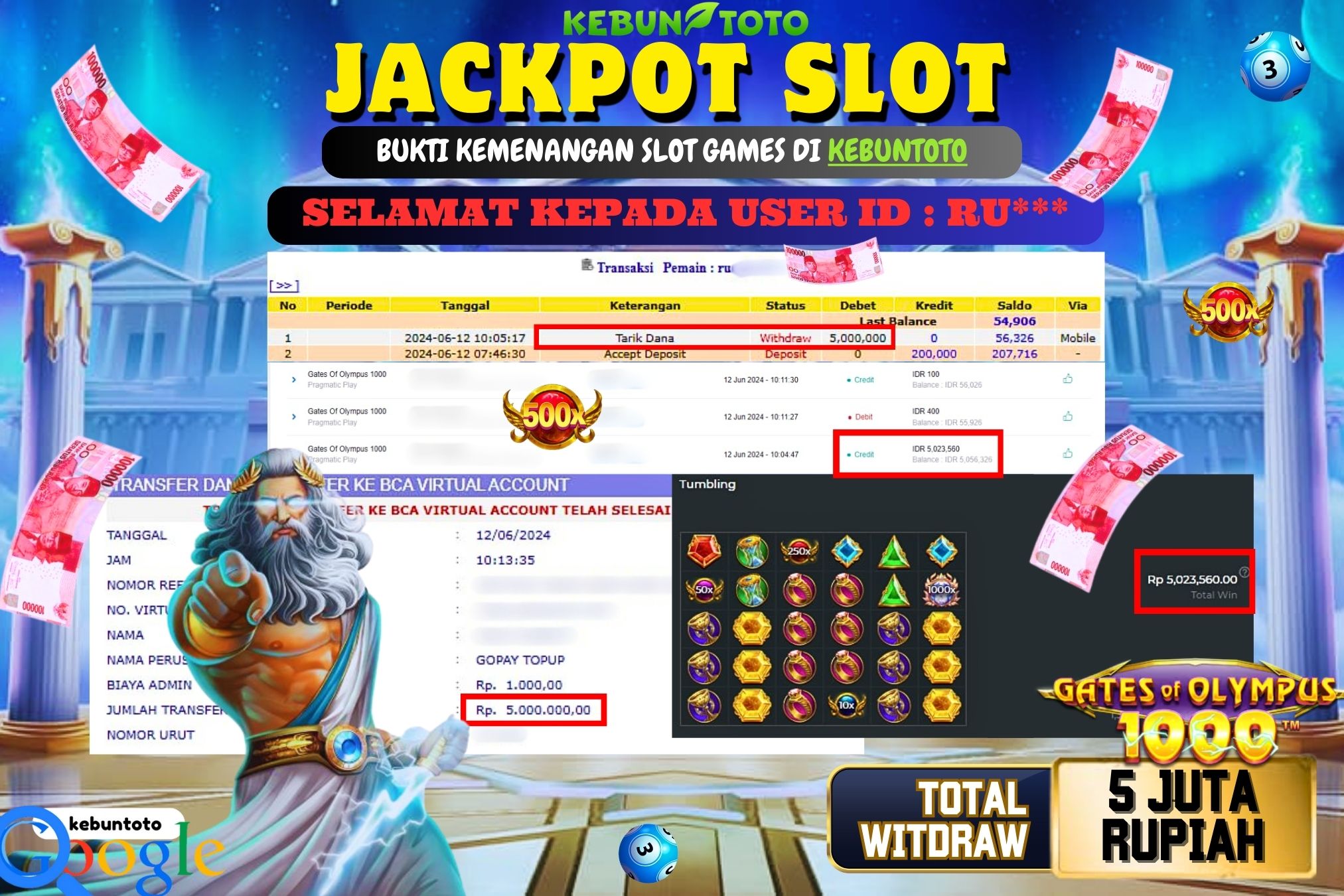 KEBUNTOTO JACKPOT SLOT GATES OF OLYMPUS 1000 Rp.5.000.000,- LUNAS