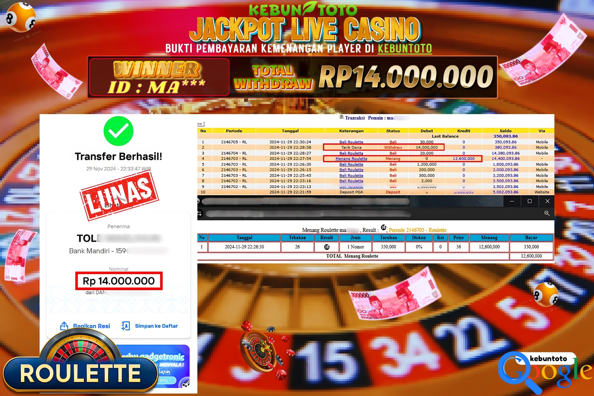 KEBUNTOTO JACKPOT LIVE CASINO ROULETTE Rp.14.000.000,- LUNAS