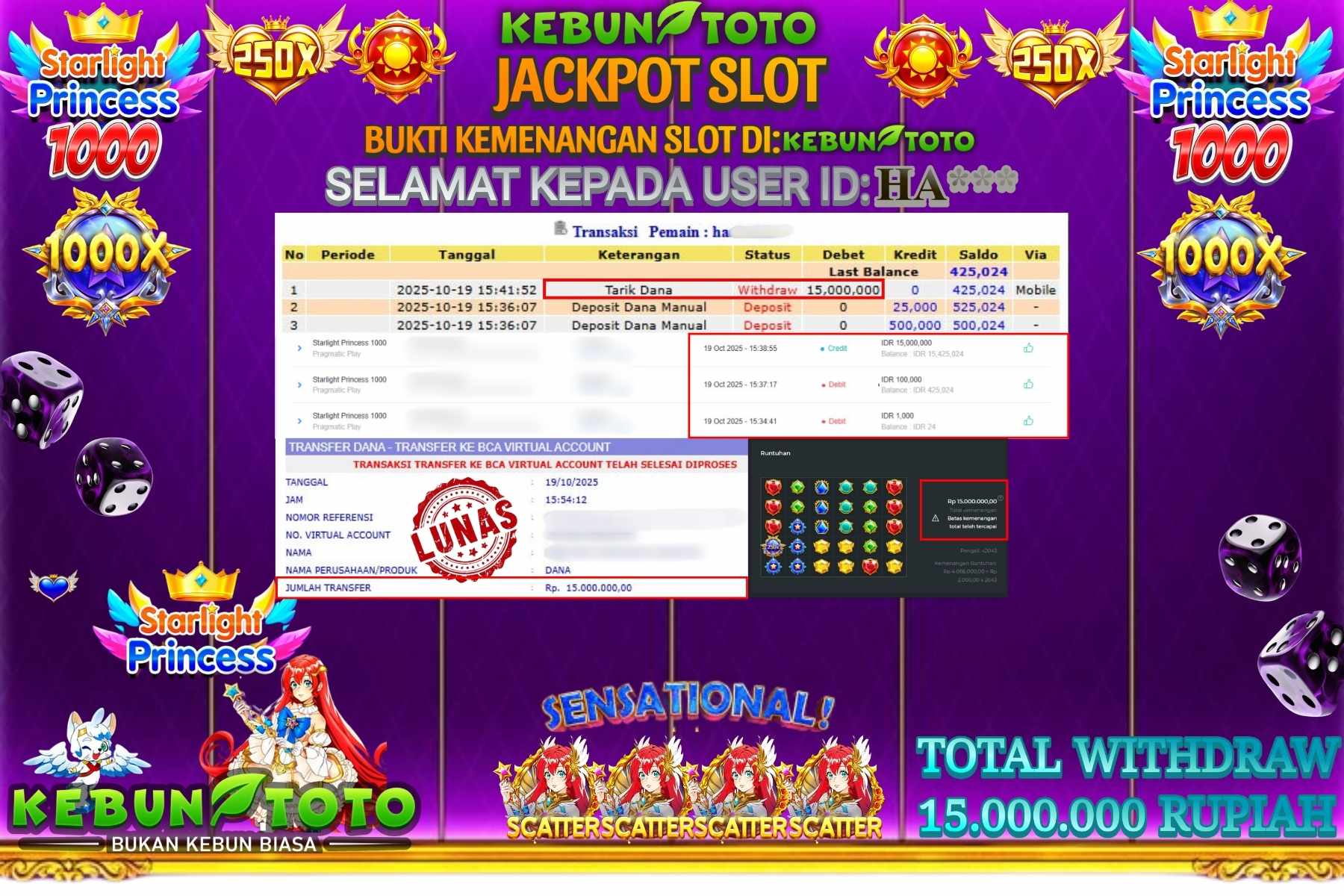 Bukti Kemenangan Rp 15.000.000 SLOT STARLIGHT PRINCESS 1000 di KEBUNTOTO!