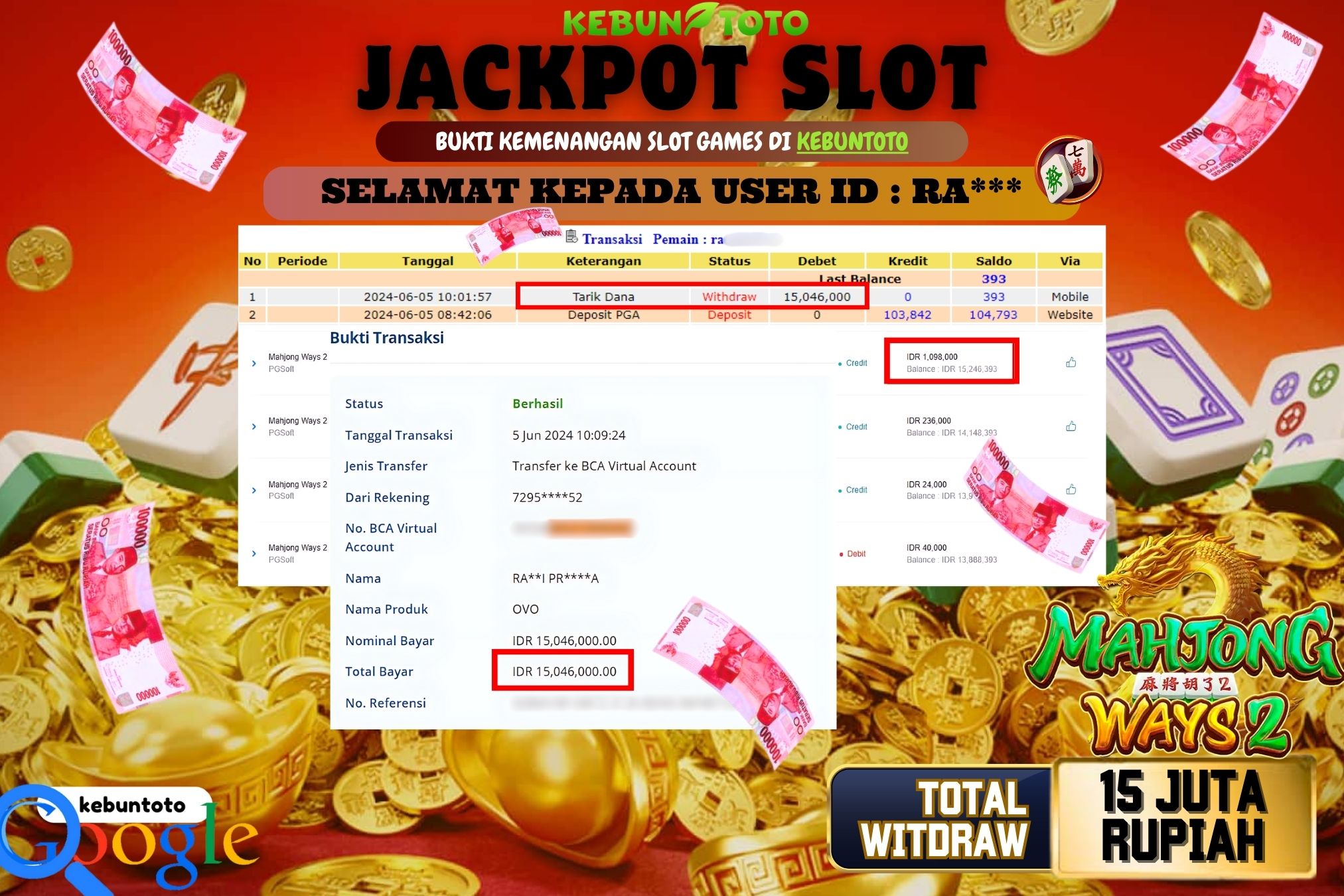 KEBUNTOTO JACKPOT SLOT MAHJONG WAYS 2 Rp.15.046.000,- LUNAS