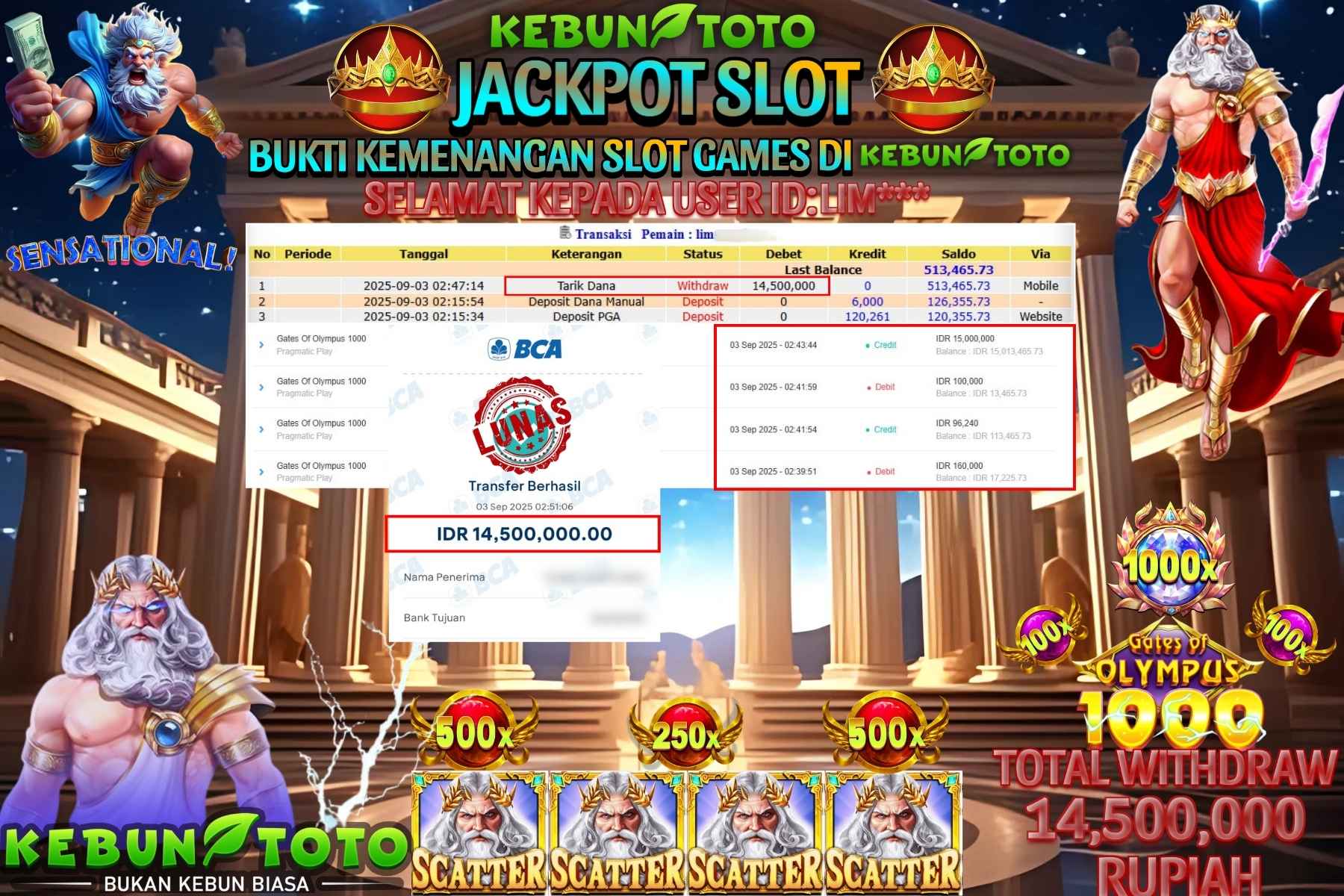 Bukti Kemenangan Rp 14.500.000 SLOT GATES OF OLYMPUS 1000 di KEBUNTOTO!