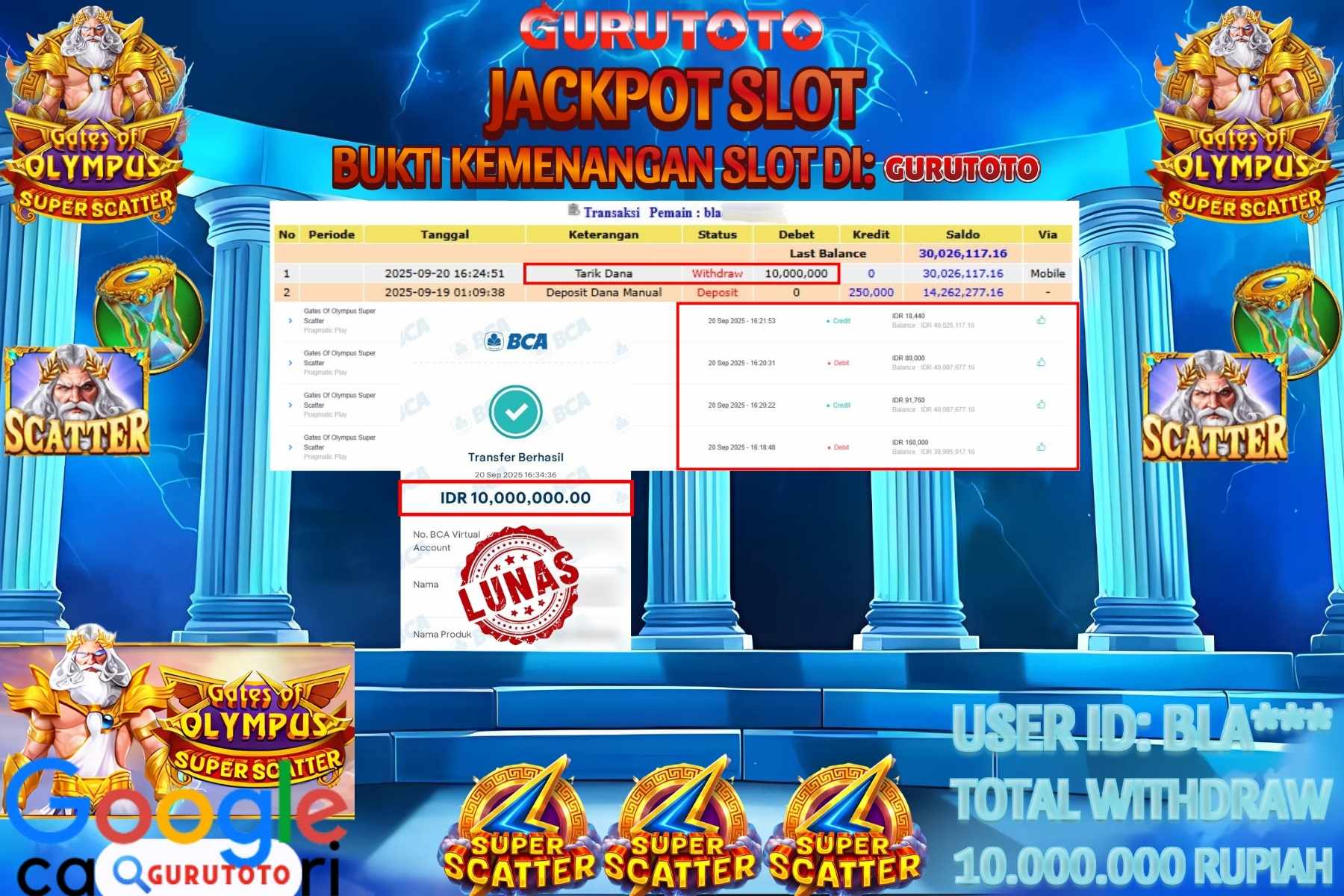 Bukti Kemenangan Rp 10.000.000 SLOT GATES OF OLYMPUS SUPER SCATTER di GURUTOTO!