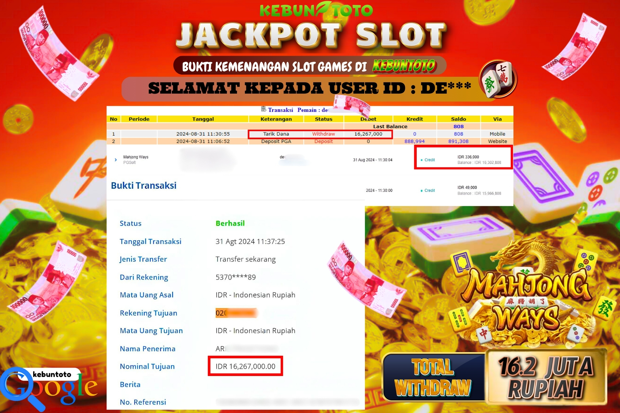 KEBUNTOTO JACKPOT SLOT MAHJONG WAYS Rp.16.267.000,- LUNAS