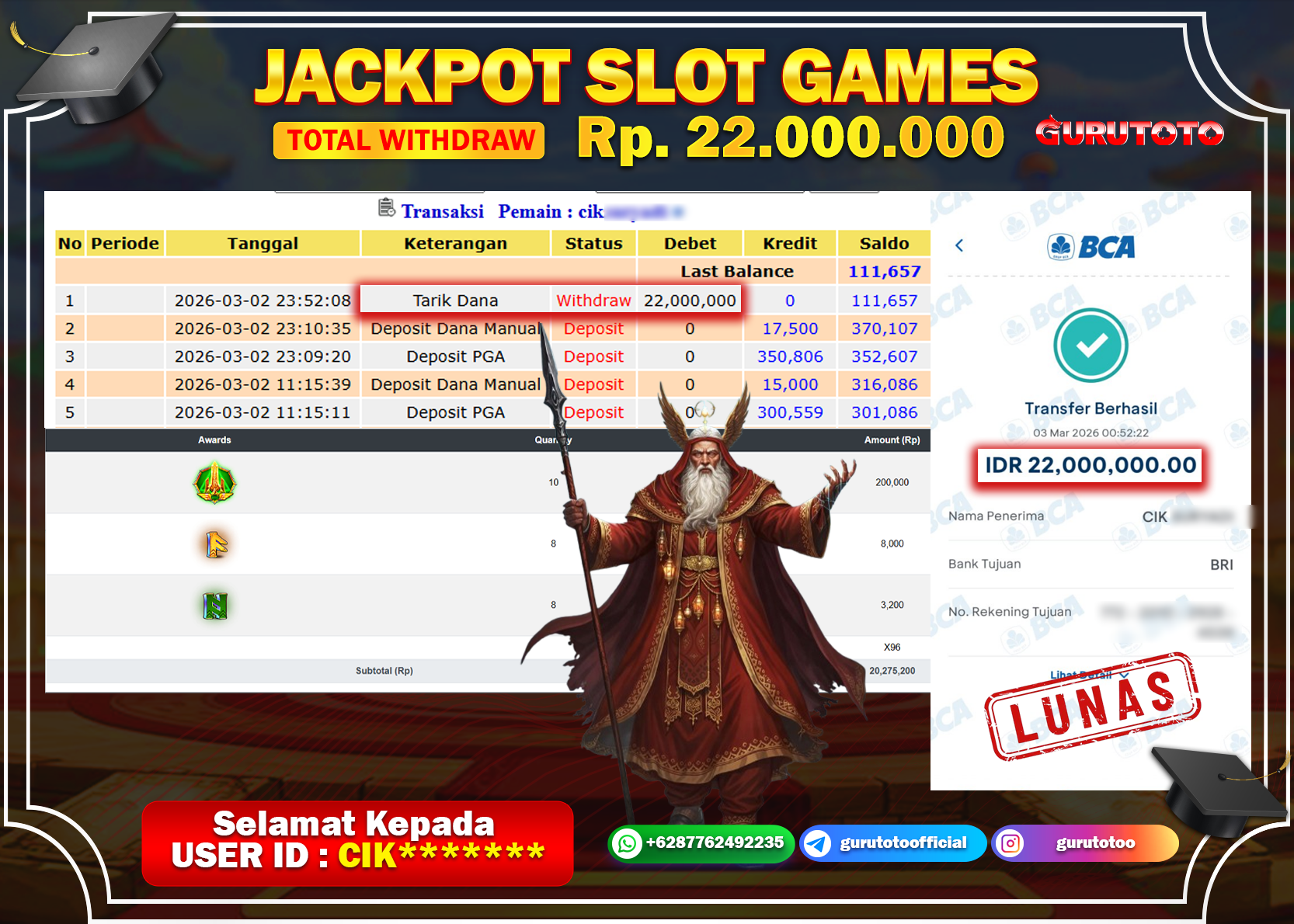 Bukti Kemenangan Rp 22.000.000 POWER OF ODIN di GURUTOTO !