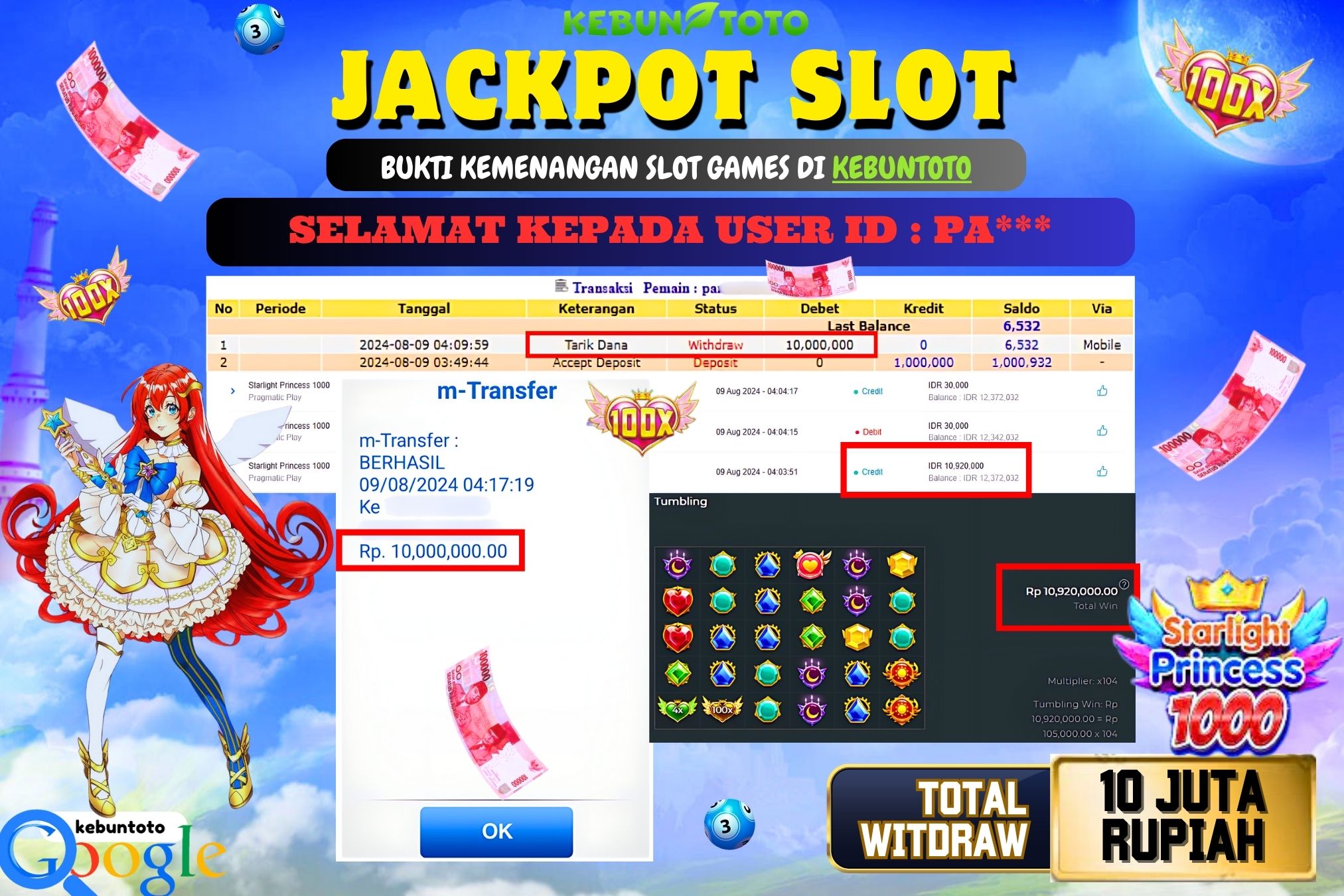KEBUNTOTO JACKPOT SLOT STARLIGHT PRINCESS 1000 Rp.10.000.000,- LUNAS