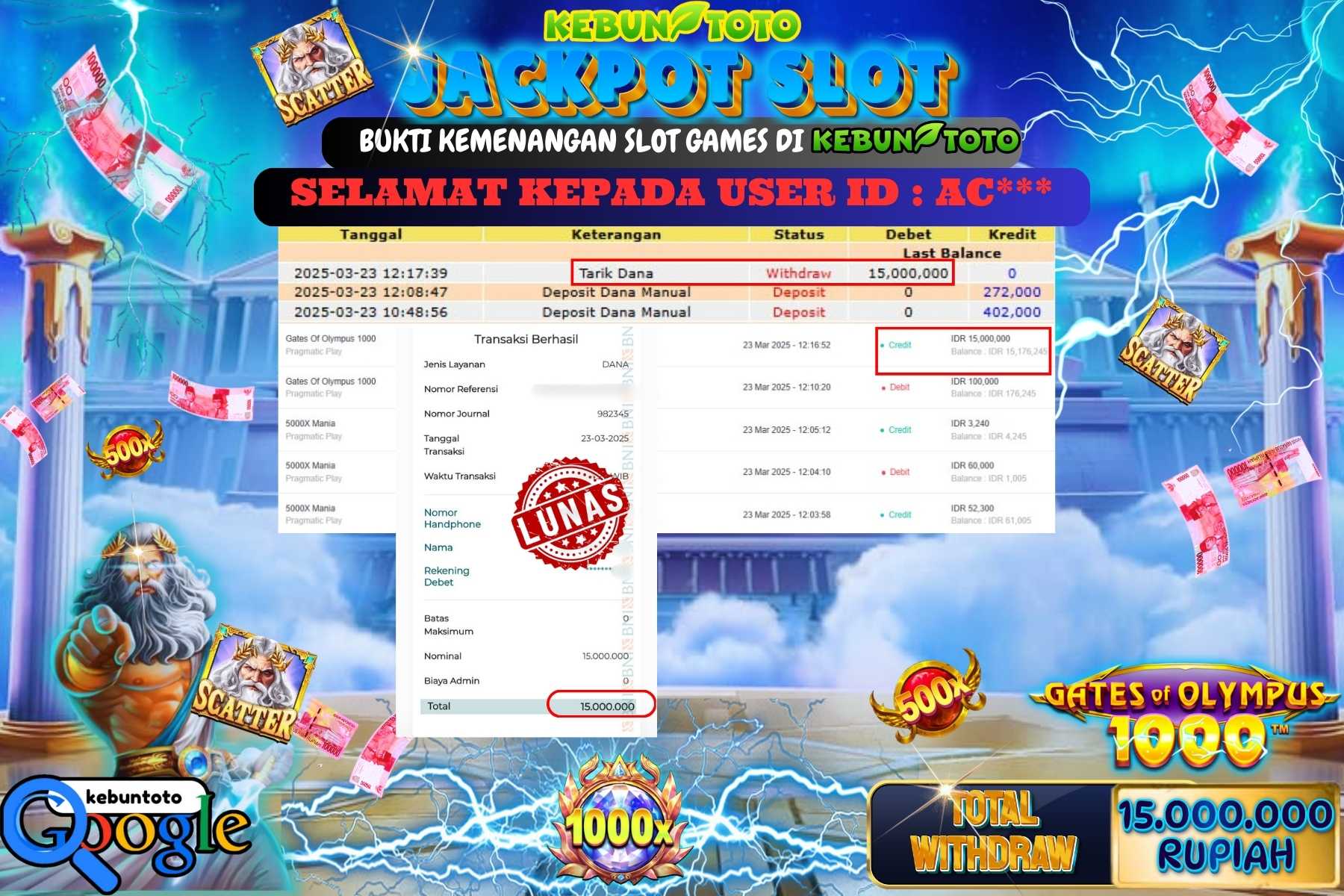 KEBUNTOTO JACKPOT, SLOT GATES OF OLYMPUS 1000 Sebesar Rp 15.000.000,- LUNAS