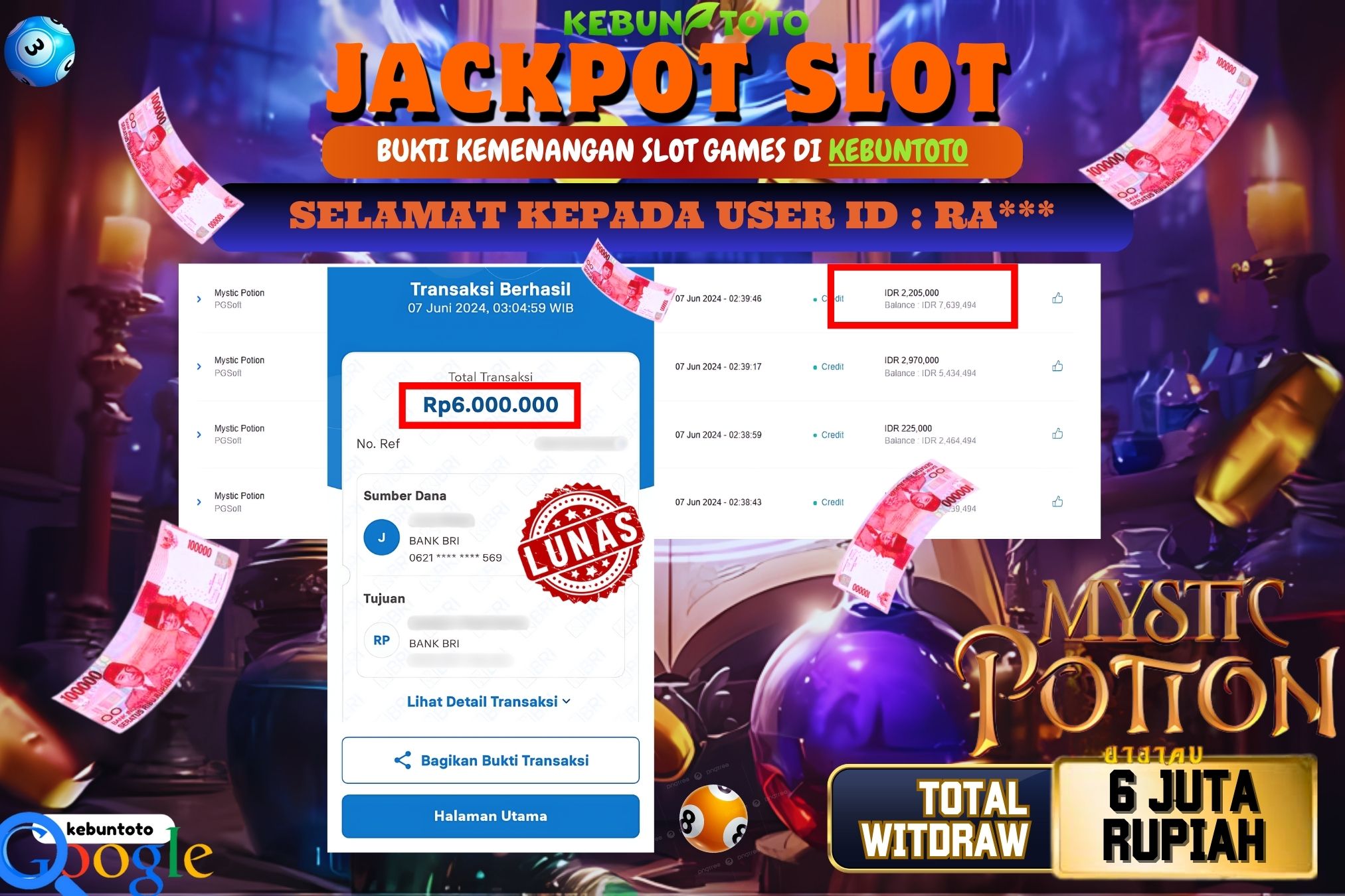 KEBUNTOTO JACKPOT SLOT MYSTIC POTION Rp.6.000.000,- LUNAS