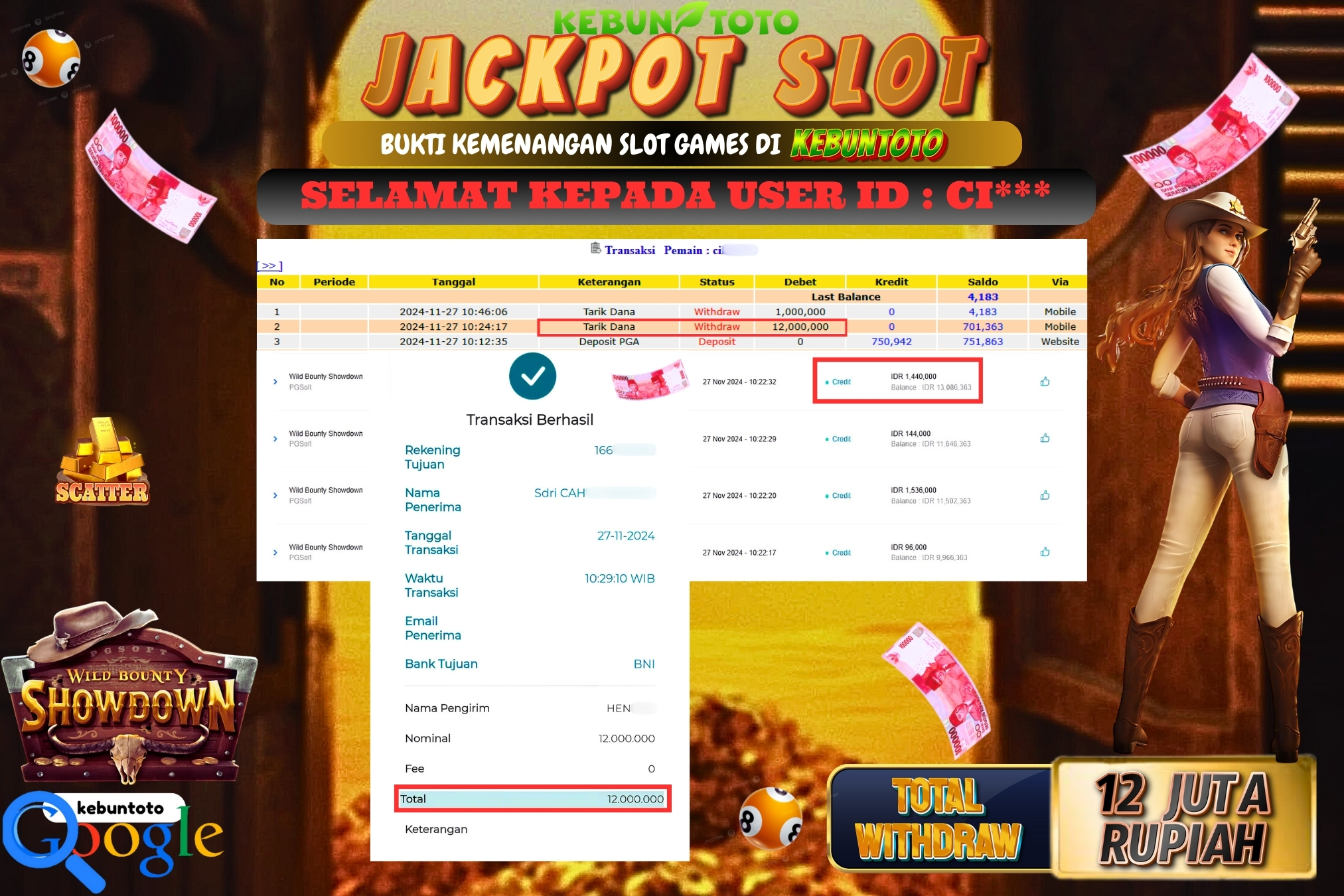 KEBUNTOTO JACKPOT SLOT WILD BOUNTY SHOWDOWN Rp.12.000.000,- LUNAS