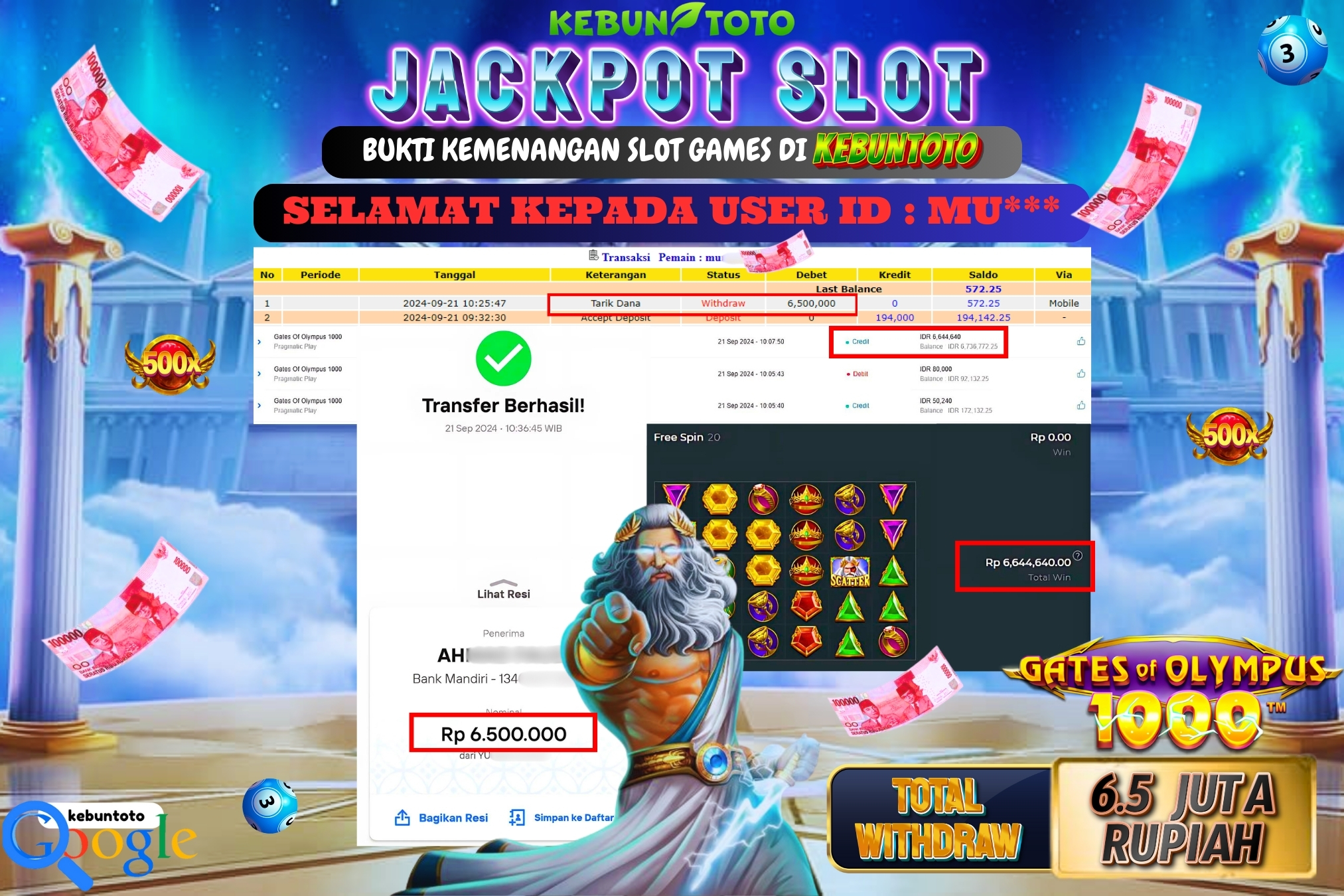 KEBUNTOTO JACKPOT SLOT GATES OF OLYMPUS 1000 Rp.6.500.000,- LUNAS
