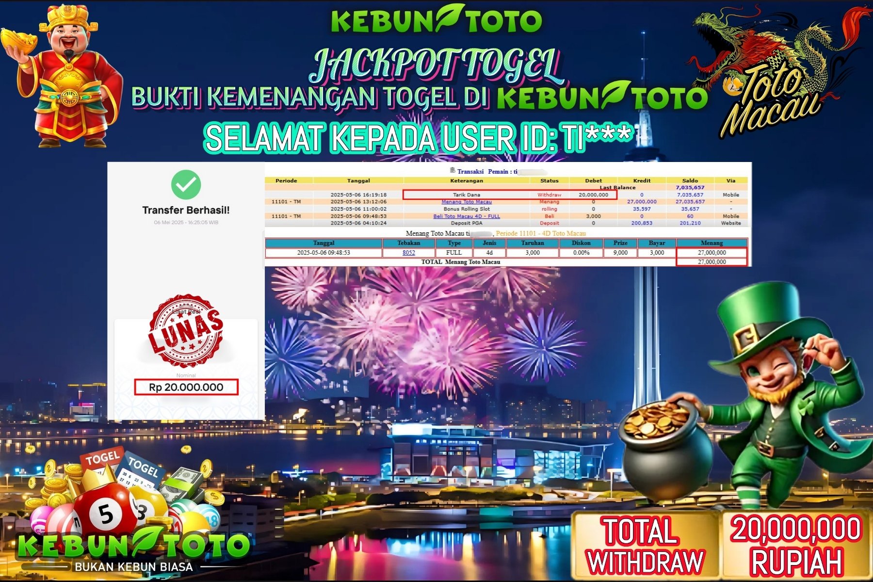KEBUNTOTO JACKPOT TOGEL TOTO MACAU Rp 20.000.000 ,- LUNAS