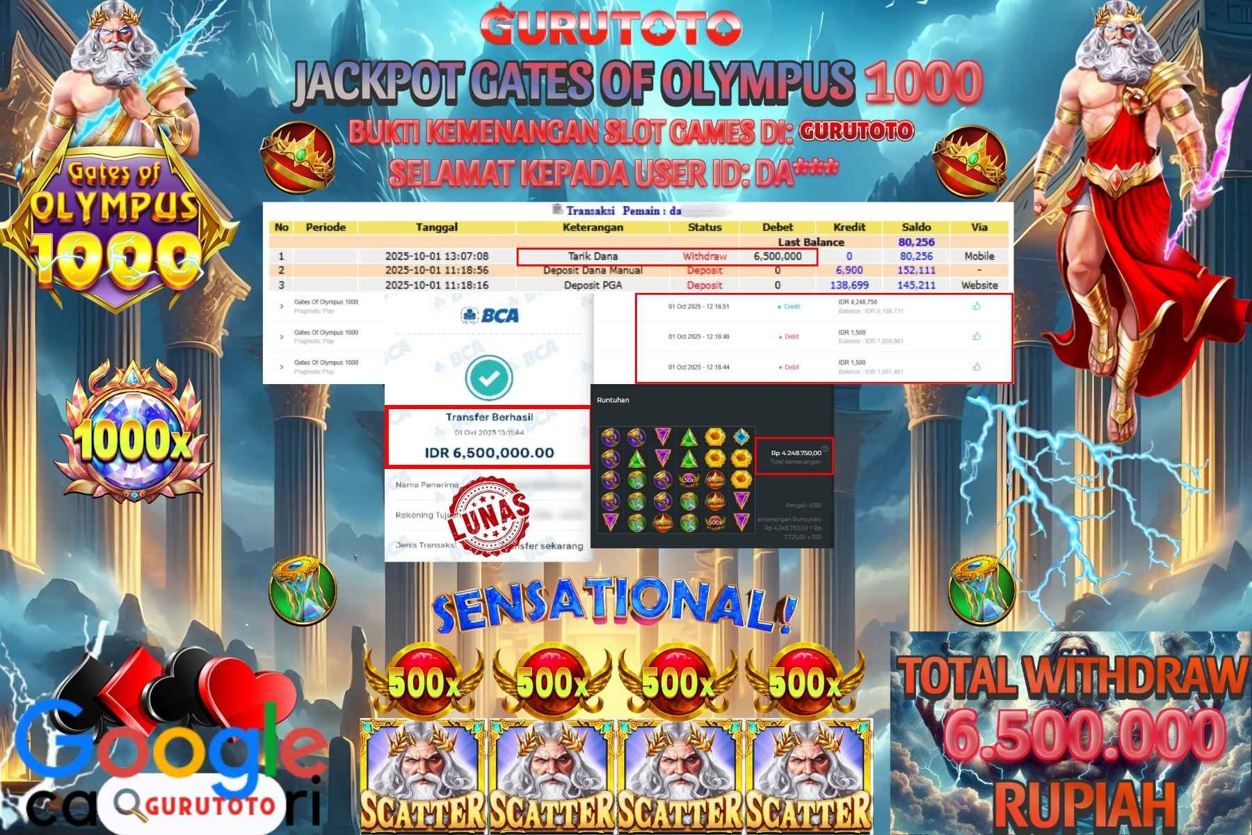 Bukti Kemenangan Rp 6.500.000 SLOT GATES OF OLYMPUS 1000 di GURUTOTO!