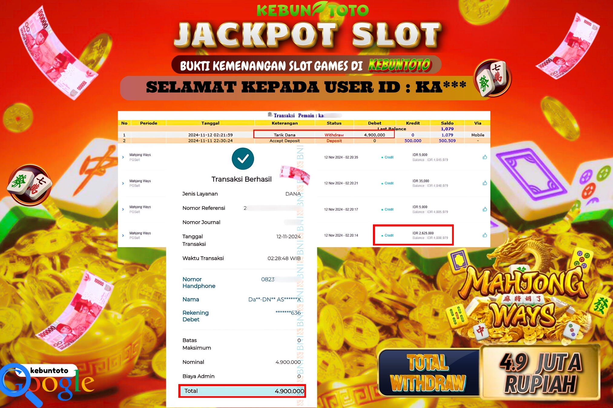 KEBUNTOTO JACKPOT SLOT MAHJONG WAYS Rp.4.900.000,- LUNAS
