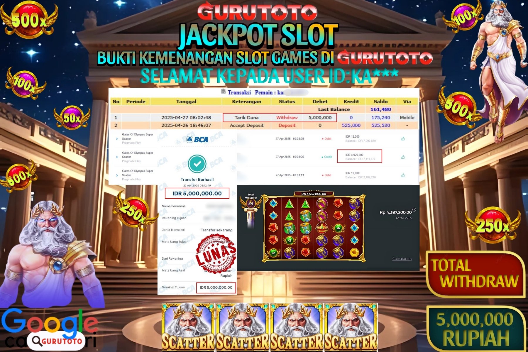 GURUTOTO JACKPOT, SLOT GATES OF OLYMPUS SUPER SCATTER, Sebesar Rp 5.000.000,- LUNAS