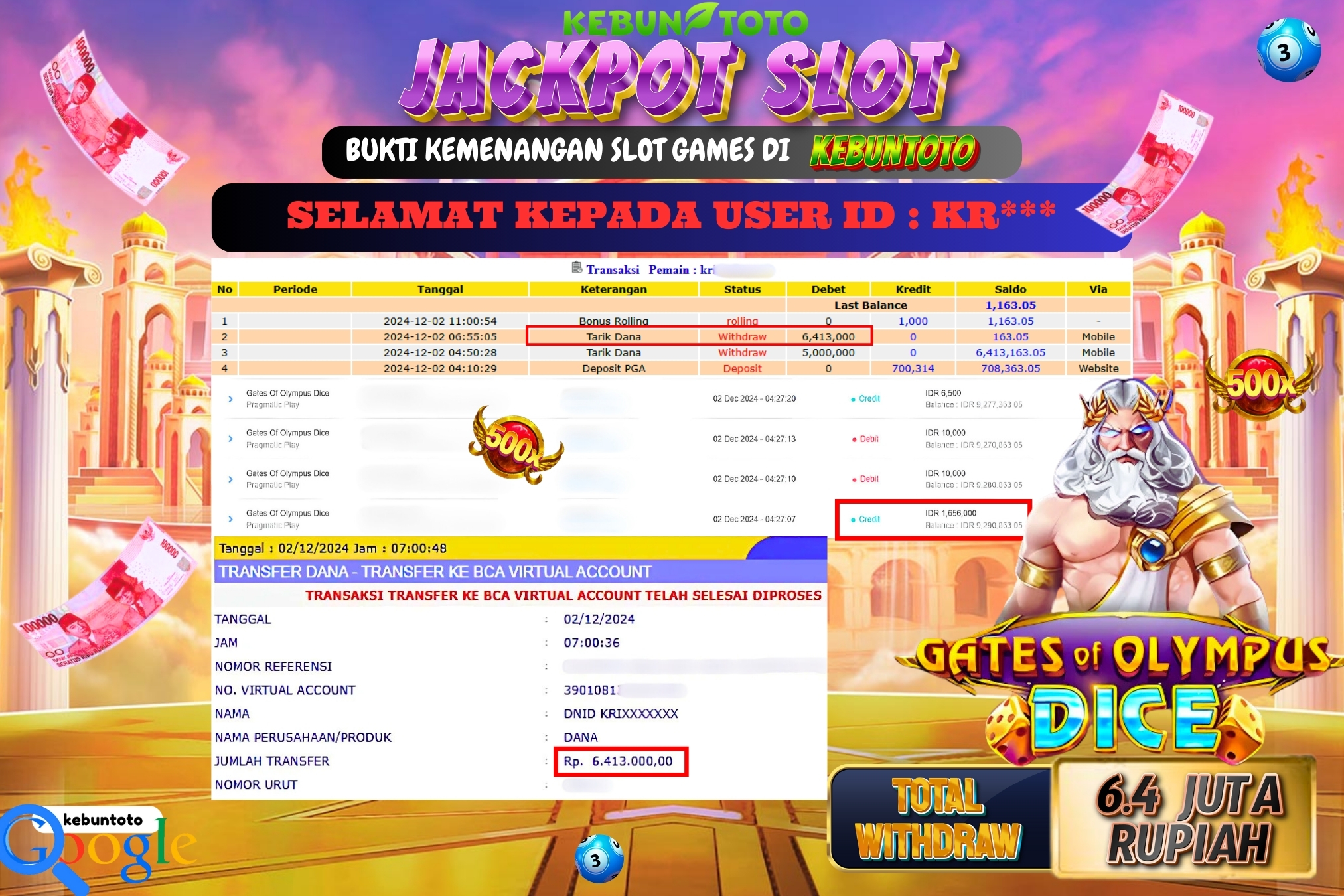KEBUNTOTO JACKPOT SLOT GATES OF OLYMPUS DICE Rp.6.413.000,- LUNAS