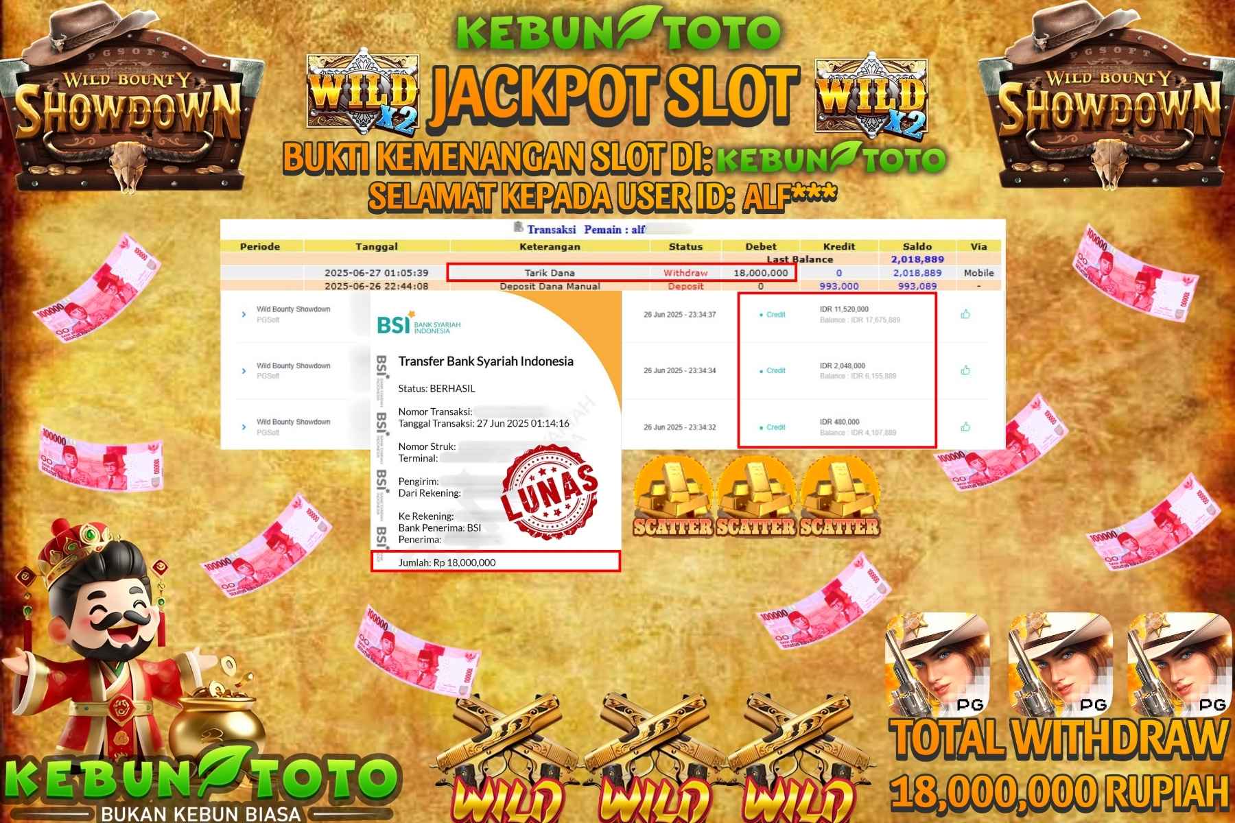 Bukti Kemenangan Rp 18.000.000 SLOT WILD BOUNTY SHOWDOWN di KEBUNTOTO!