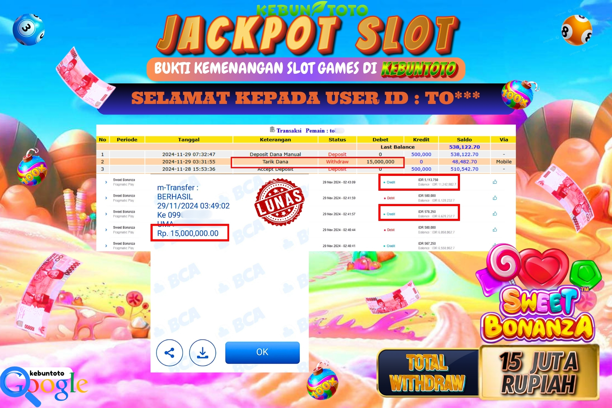 KEBUNTOTO JACKPOT SLOT SWEET BONANZA Rp.15.000.000,- LUNAS