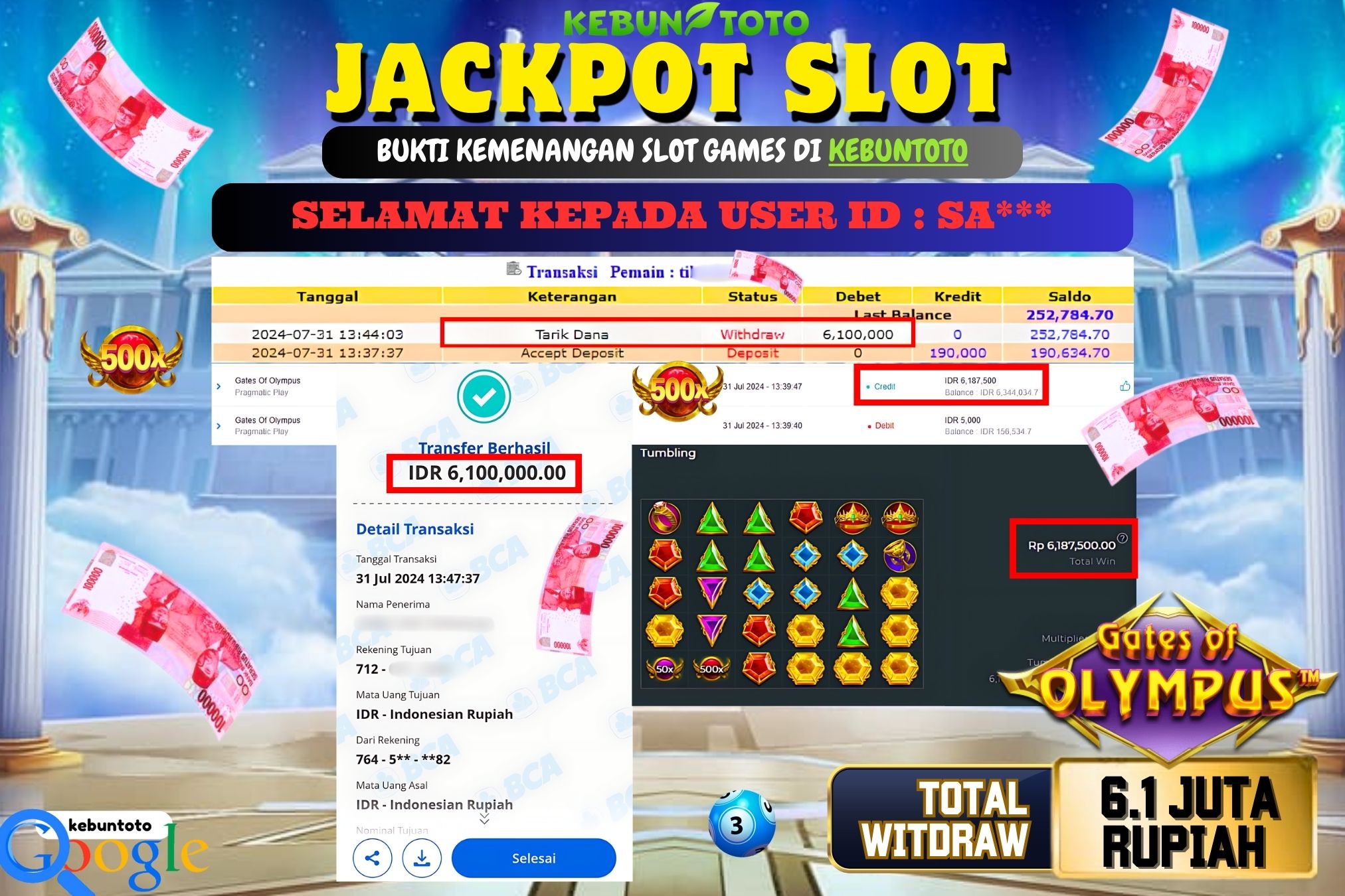 KEBUNTOTO JACKPOT SLOT GATES OF OLYMPUS Rp.6.100.000,- LUNAS