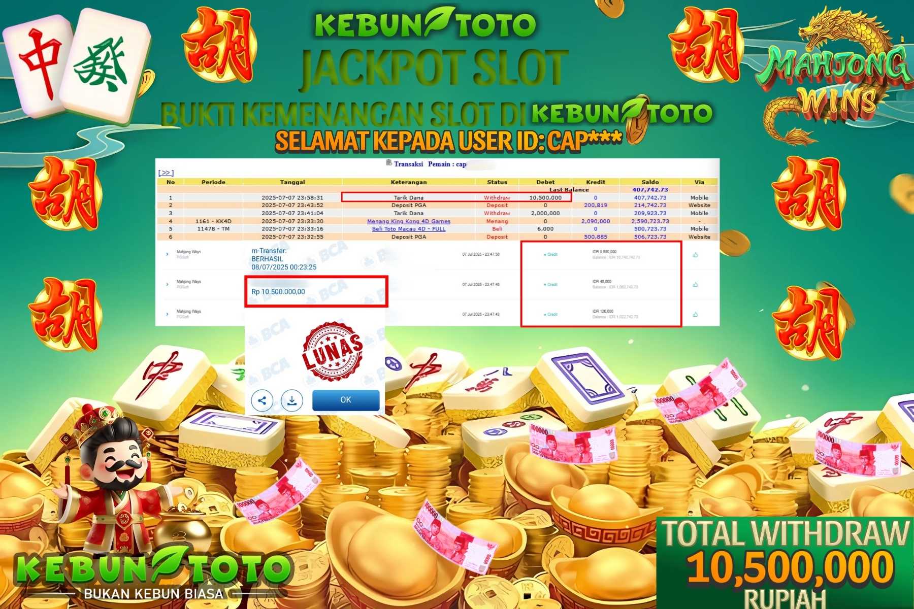 Bukti Kemenangan Rp 10.500.000 SLOT MAHJONG WAYS di KEBUNTOTO!