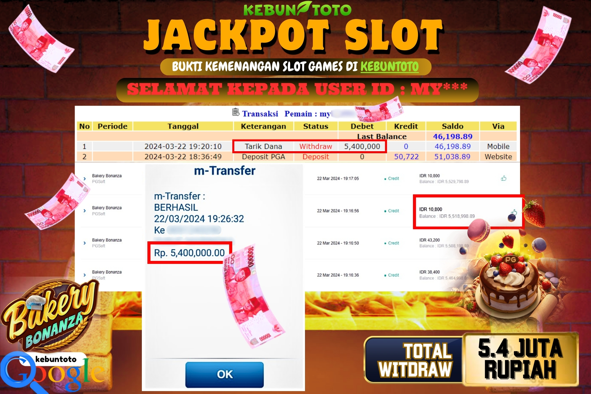 KEBUNTOTO JACKPOT SLOT BAKERY BONANZA Rp.5.400.000,- LUNAS