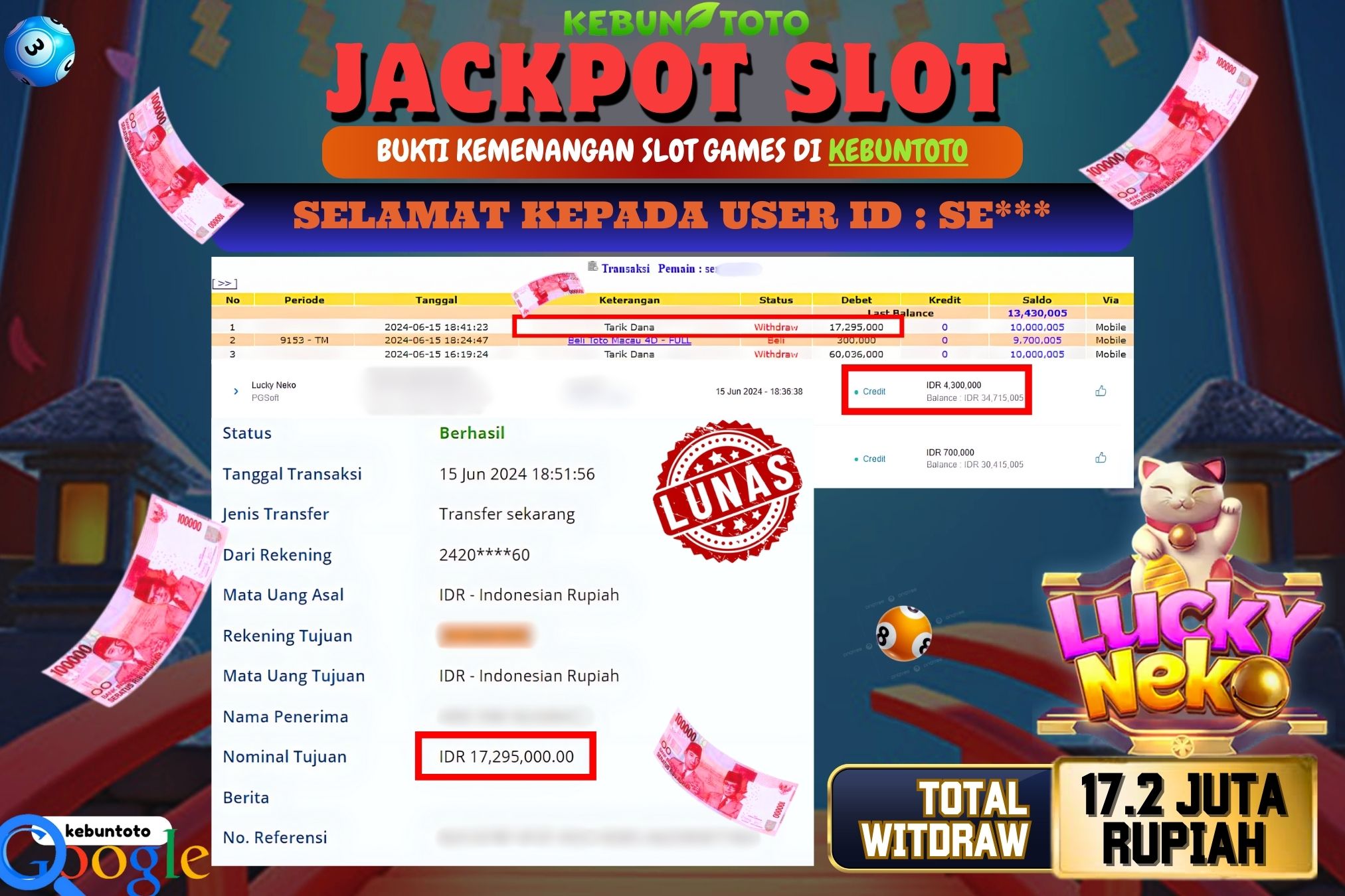 KEBUNTOTO JACKPOT SLOT LUCKY NEKO Rp.17.295.000,- LUNAS