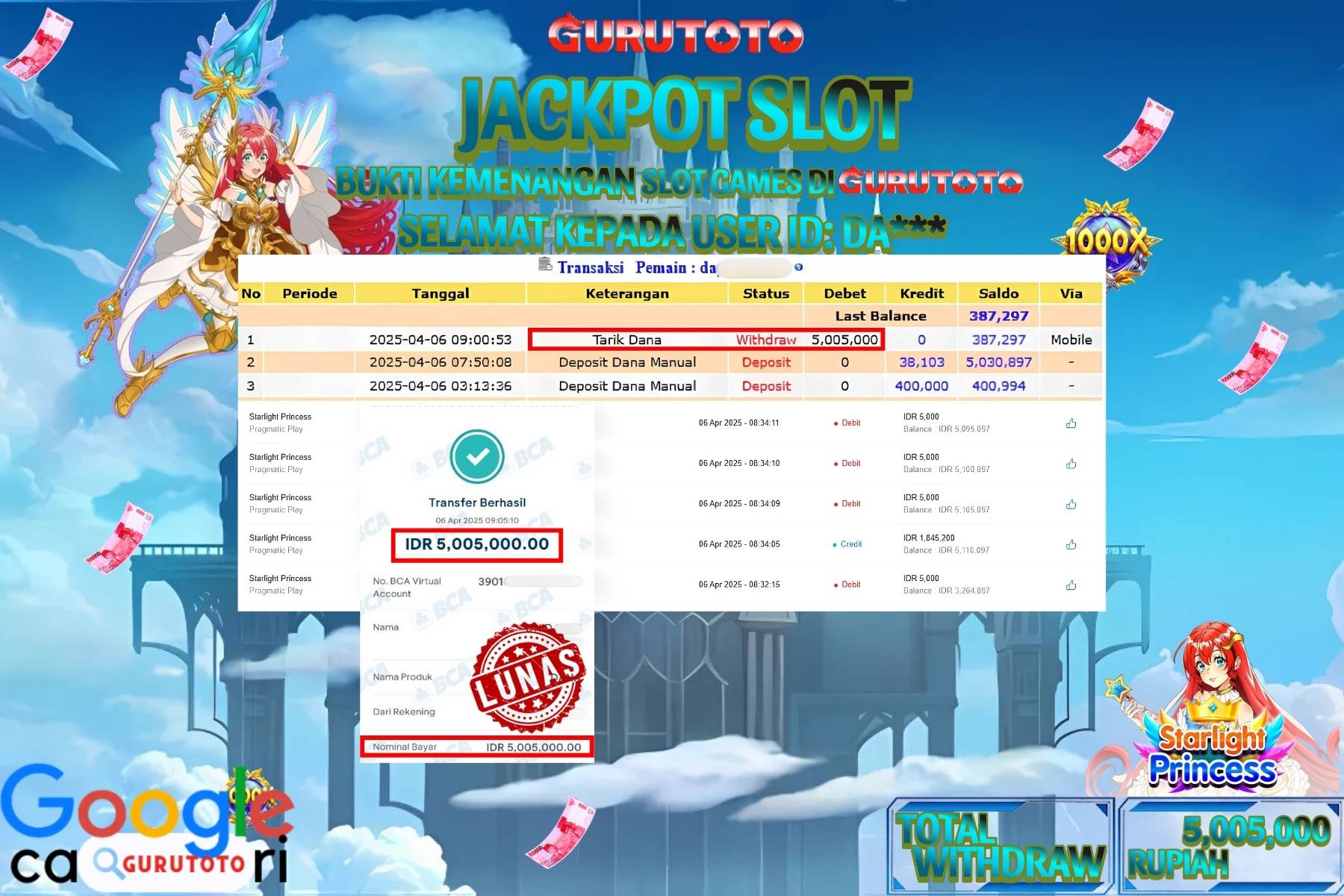 GURUTOTO JACKPOT, SLOT STARLIGHT PRINCESS, Sebesar Rp 5.005.000,- LUNAS
